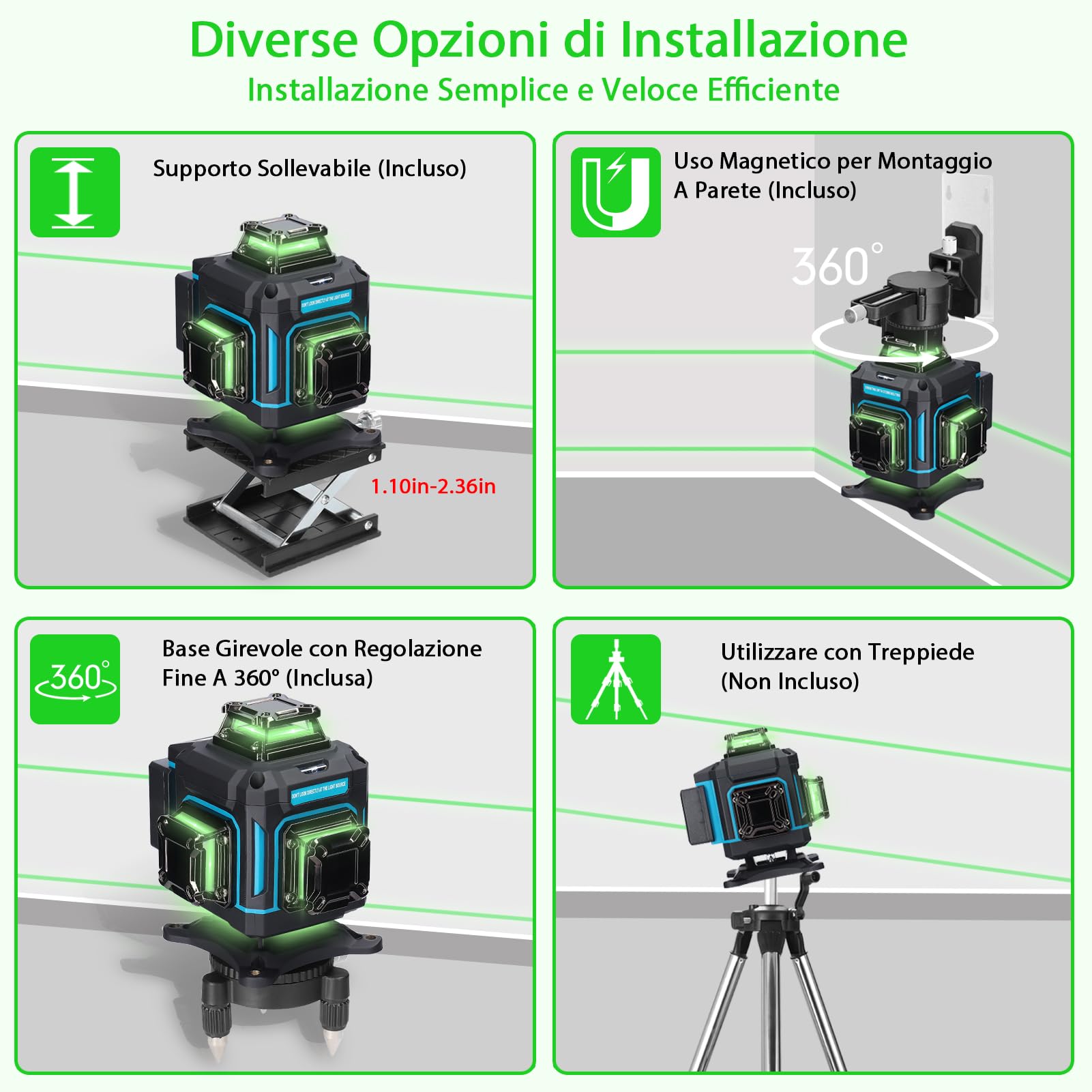 Livella Laser Autolivellante 16 Linee, 4 x 360° Livello Laser, 2 x Batterie,Autolivellante, Supporto rotante, Telecomando