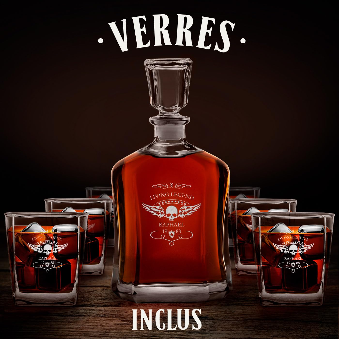 Set Carafe Whisky Gravée Maverton - 700ml + 6 Verres - Cadeau Personnalisable - Cognac Rhum