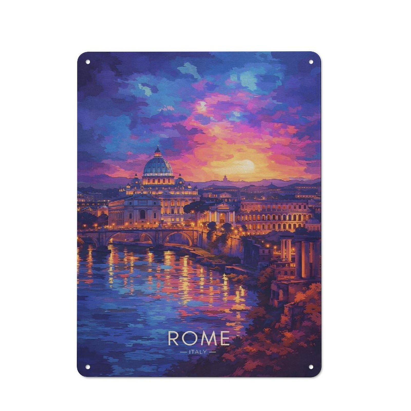 Junmoney Style-18 Modern Retro Decorative Metal Plaque 40X30cm Featuring Rome Cityscape At Sunset, Loft Wall Plaque For Flat, Bar, Studio Or Gallery Wall