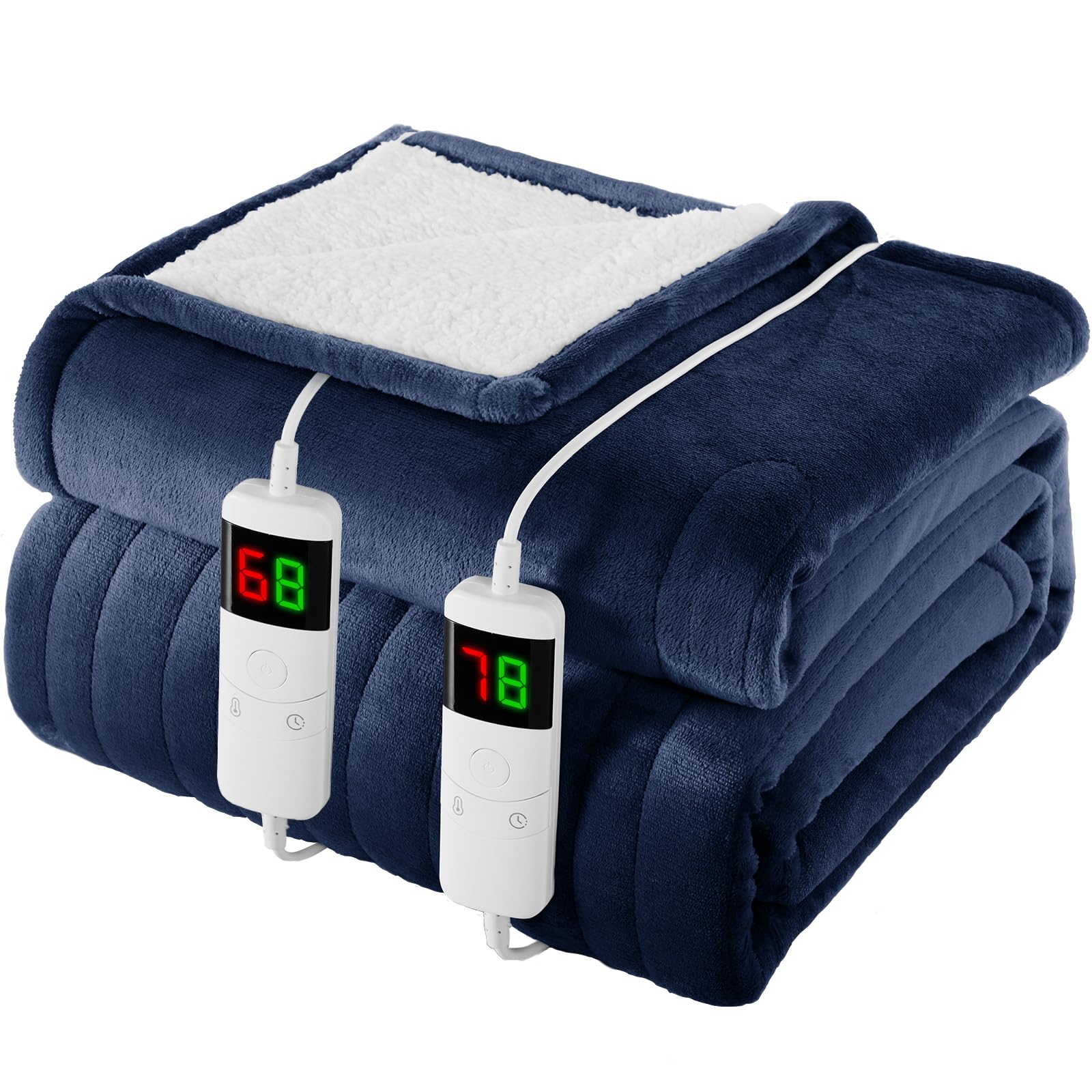 Homemate Plain-Blue Heated Blanket Electric Throw - 180X200cm, 1/2/4/6/8 Hours Auto-Off 10 Heat Level Digital Control, Over-Heat Protection Flannel Sherpa Washable Blanket Navyblue