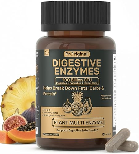 Suplemento de enzimas digestivas con 100 mil millones de UFC probióticos orgánicos y prebióticos - Fórmula multienzimática para mujeres y hombres -