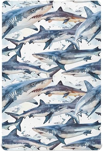 Kigai Fitted Crib Sheet for Boys Girls,Vintage Sharks Jersey Knit Baby Sheet for Standard Crib and Toddler Bed Mattresses, Cozy Soft Breathable, 28
