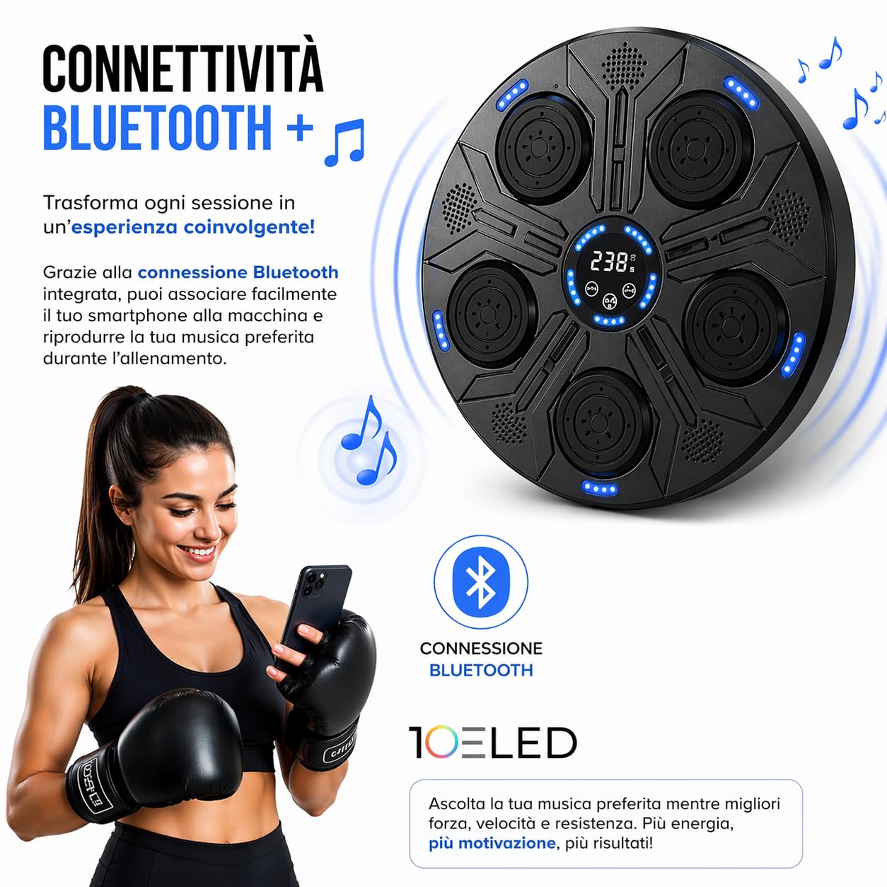 Music Boxing Machine Interattiva con LED a Parete e Bluetooth - Display Digitale - 5 Pad Reattivi - Guantoni INCLUSI - Beat Punch Allenamento Casa per Riflessi, Velocità e Coordinazione