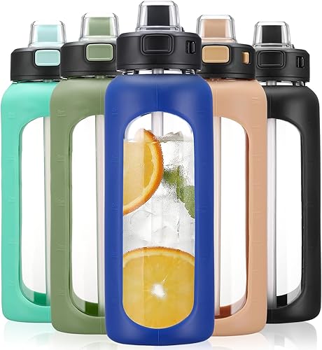 BLUEGO Botella de agua de vidrio de 32 onzas con popote, botellas de agua motivacionales con marcador de tiempo y funda de silicona, botella de