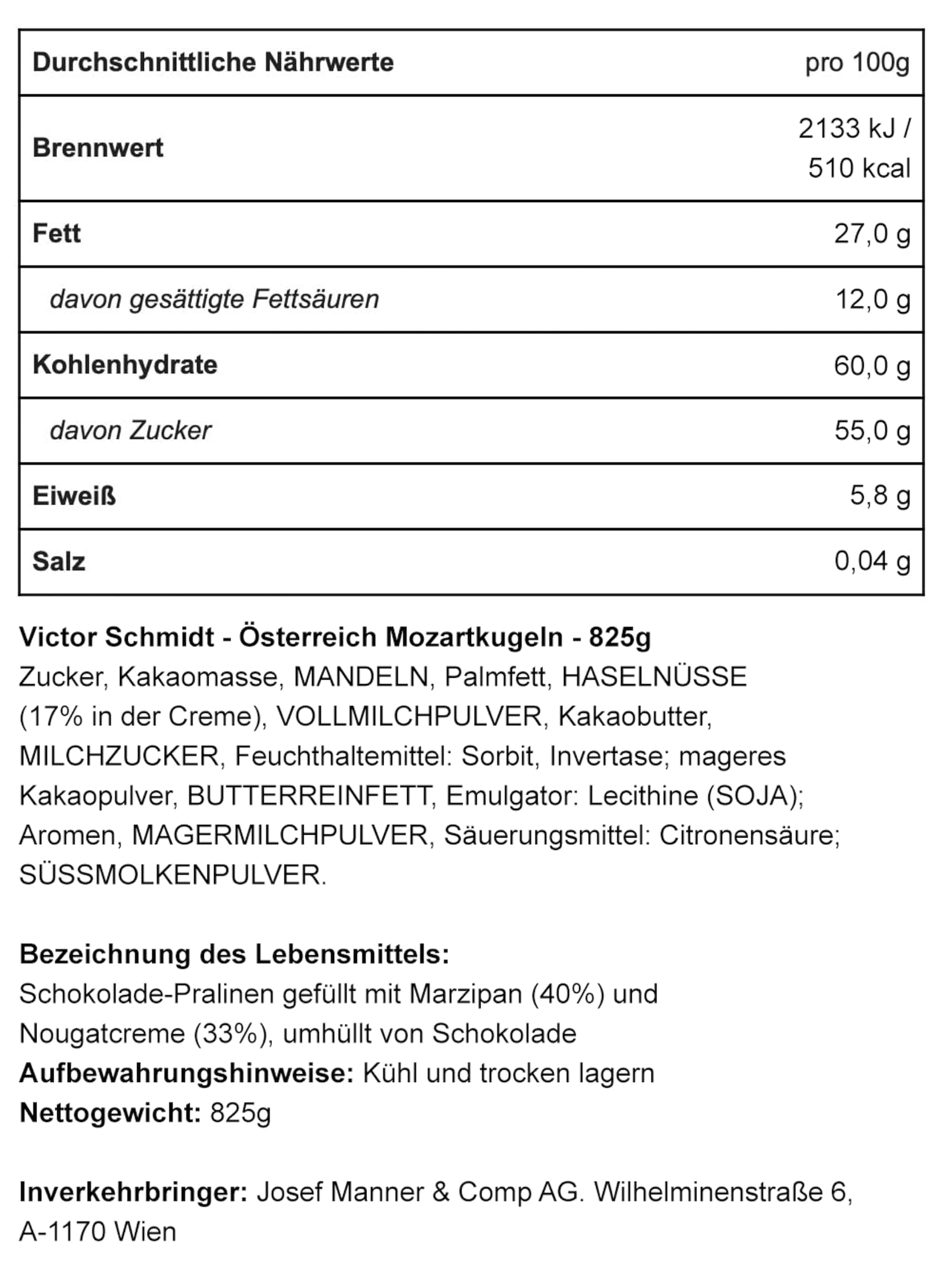 Victor Schmidt - Mozartkugeln - Chocolats autrichiens - 825 g