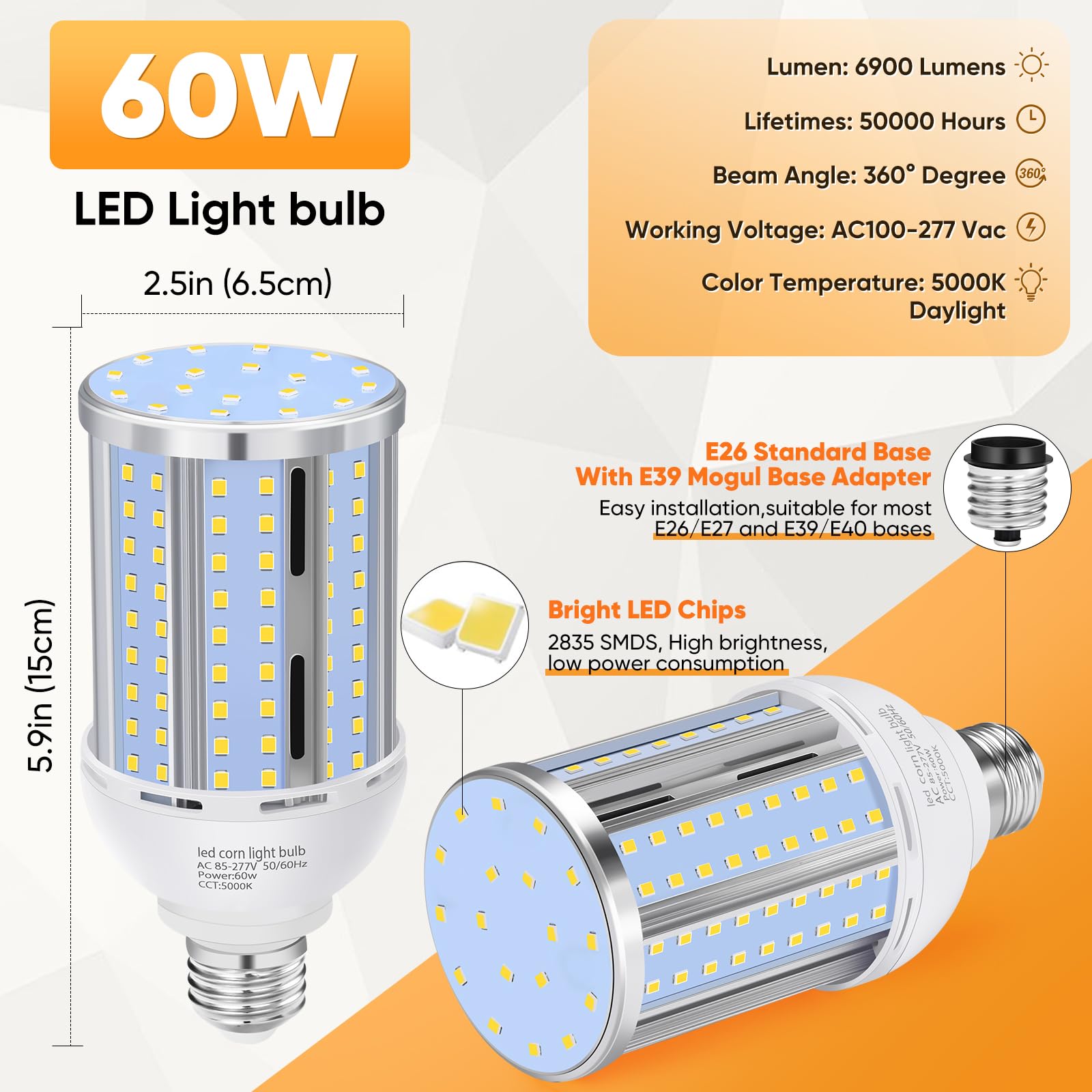 Bombilla LED de maíz de 60 W (paquete de 2), (equivalente a 600 vatios) sin ventilador E26/E39 mediano/grande, base de mogul LED, lámpara de mazorca de 5000 K, luz diurna 6.900 lm, para exteriores