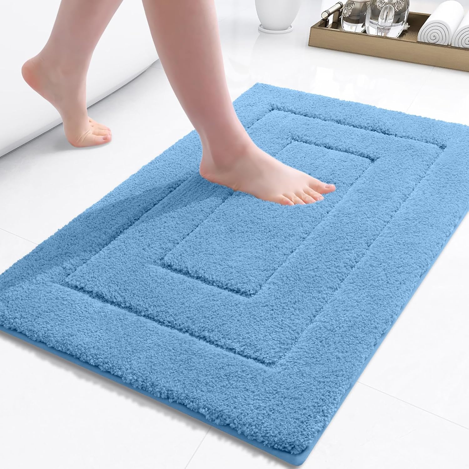 Buganda Bathroom Rugs, 24" x 16", Soft and Absorbent Microfiber Bath Rugs, Non-Slip Shaggy Shower Carpet, Machine Wash Dry Bath Mats for Bathroom Floor, Tub and Shower, Blue