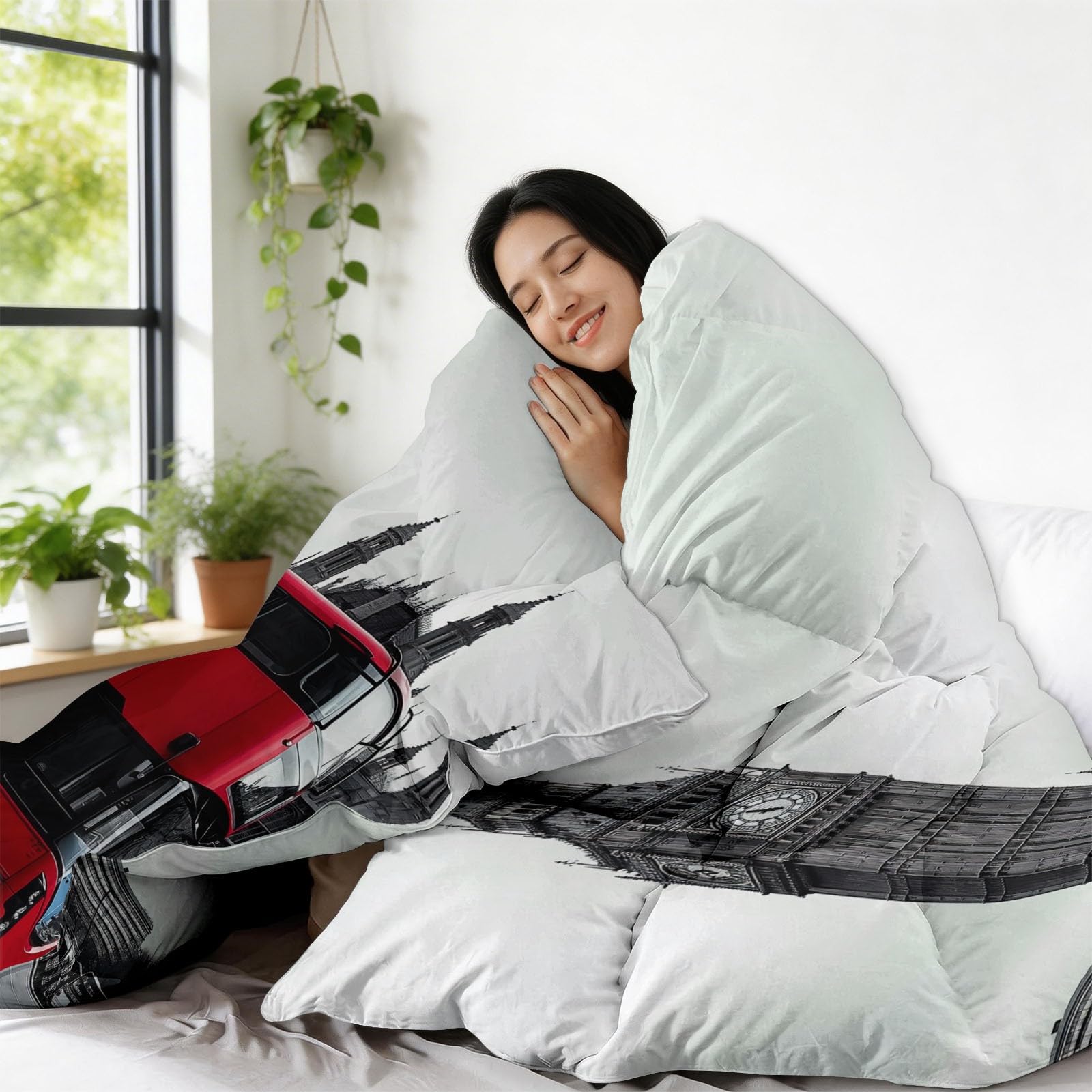 Edredón de autobús de dos pisos para todo el año, 200 x 200 cm, retro, transpirable, para las 4 estaciones, para alérgicos, lavable y suave, con 2 fundas de almohada de 80 x 80 cm