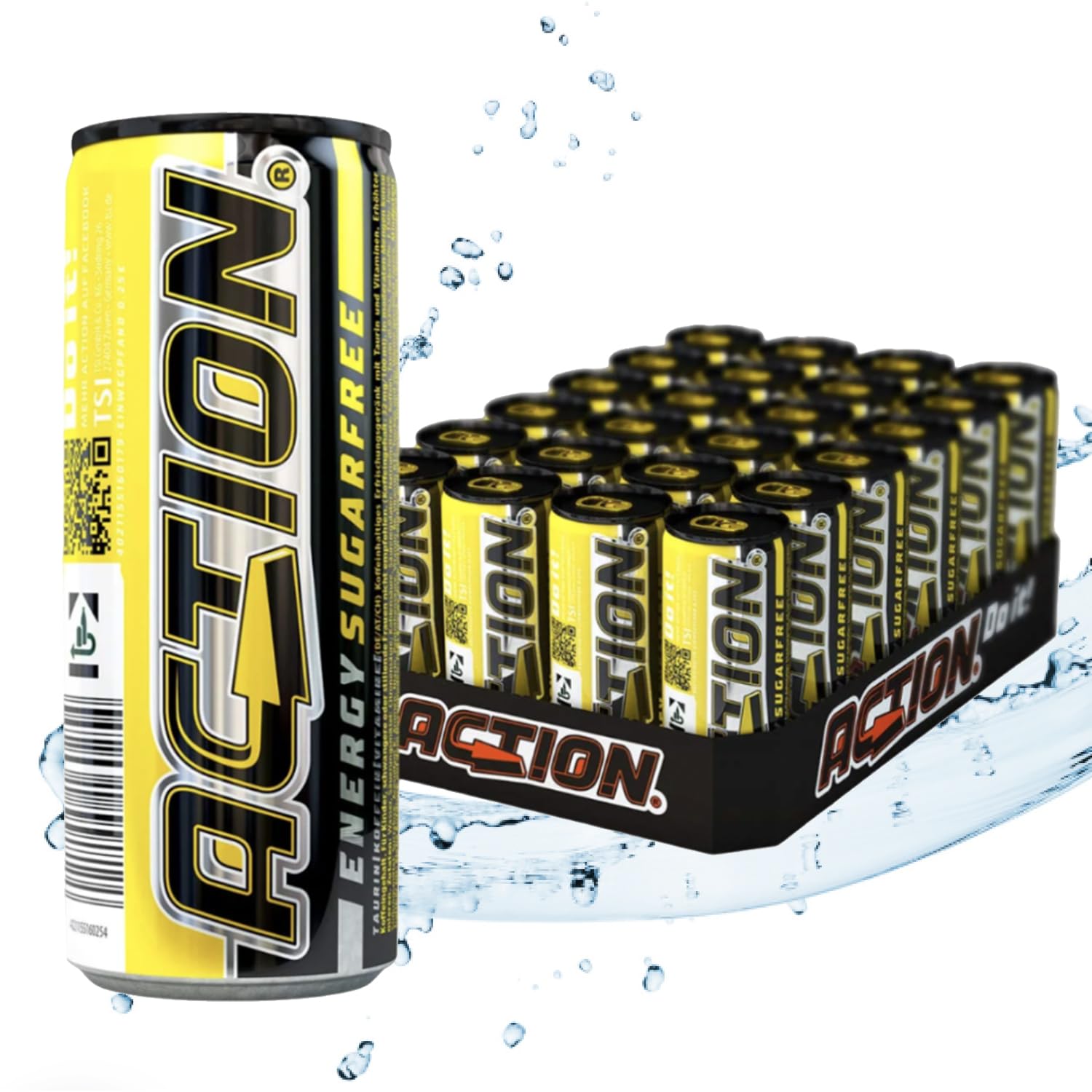 Action Energy Drink Sugarfree (48 x 250 ml) incluye depósito – Refresco con sabor 100% – patata energética con mayor contenido de cafeína 31,5 mg/100 ml de cafeína – sin azúcar – enfoque mejorado