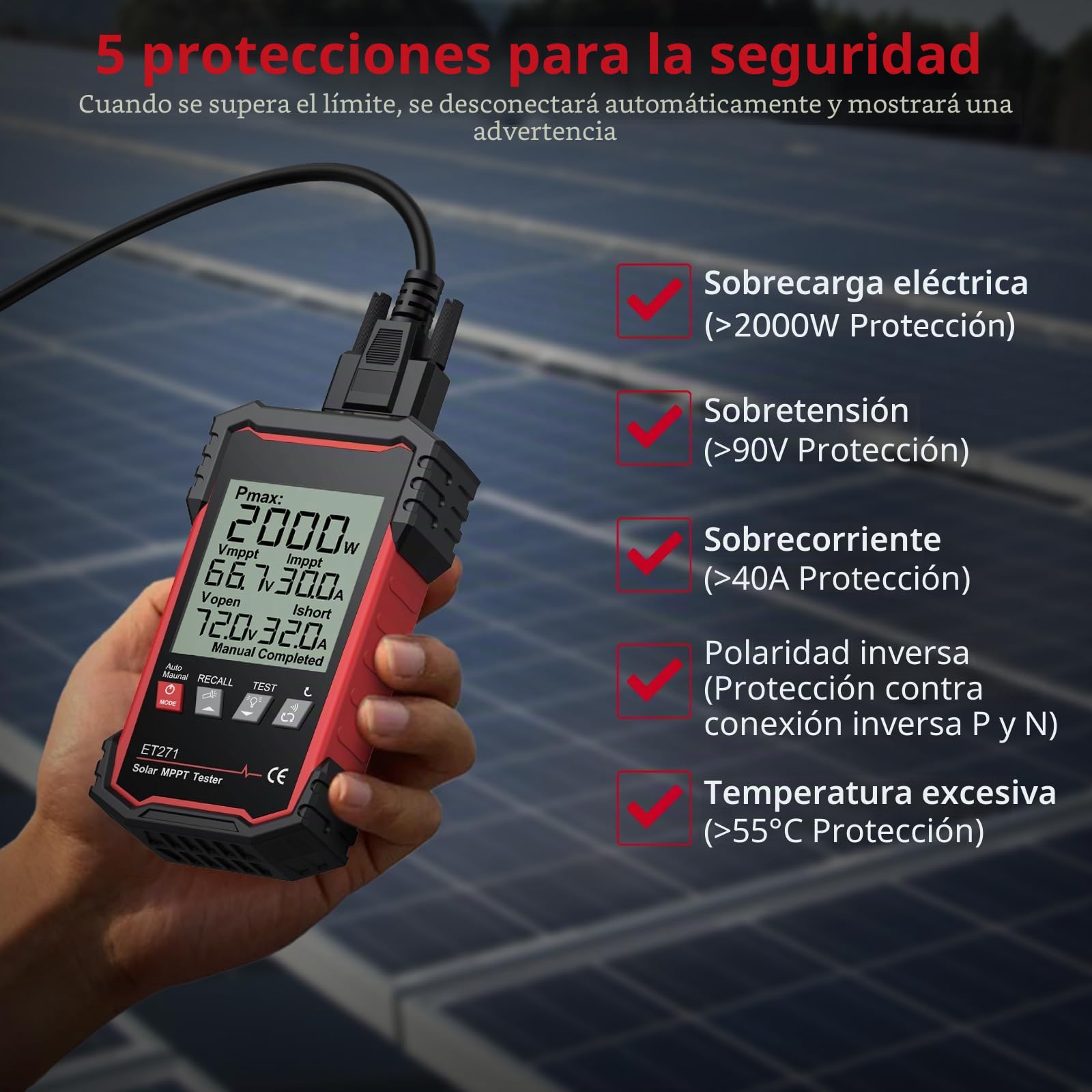 XUNTOP Probador de Paneles Solares 2000W Multímetro Fotovoltaico con Pantalla LCD Grande Probador MPPT 90V/40A Recargable con Retención Automática de Datos para Pmax Vmp Amp Voc Isc