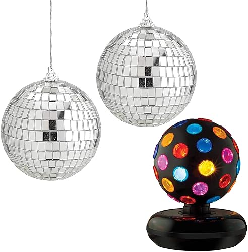 Kicko Bolas de discoteca de espejo, bola de discoteca giratoria plateada de 4 pulgadas y Kicko con luces LED, para fiestas, iluminación, Halloween,