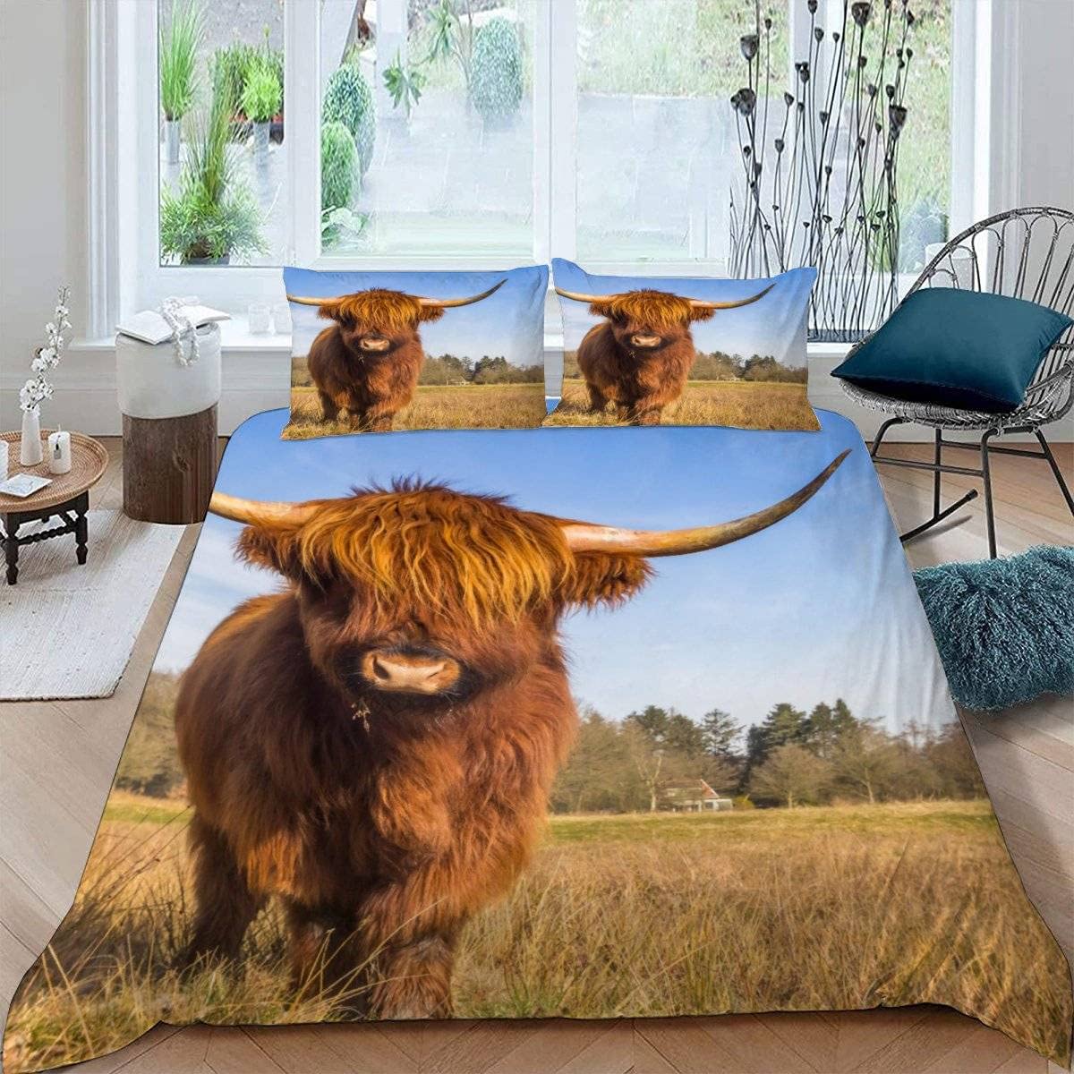 RFFLUX 3D Highland Cattle Super king size Duvet Cover Sets 3 Pieces 220x260 Soft Microfiber Farm Animals Cow Quilt Cover with Zipper Closure Easy Care Bed Set with 2 Pillowcase for Adults Room Decor — image 1