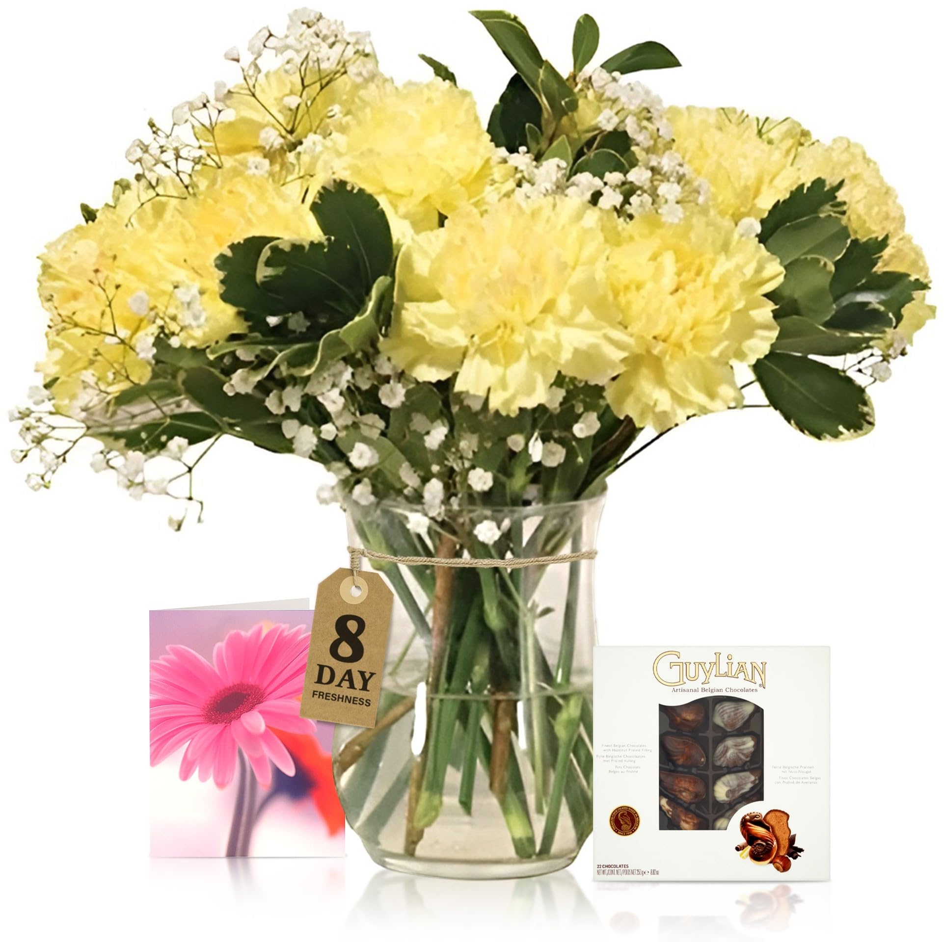 Sendabunch Yellow Carnation Bouquet, 18 Fresh Stems | Luxury Flowers with Greenery, Belgian Chocolates & Gift Message Card