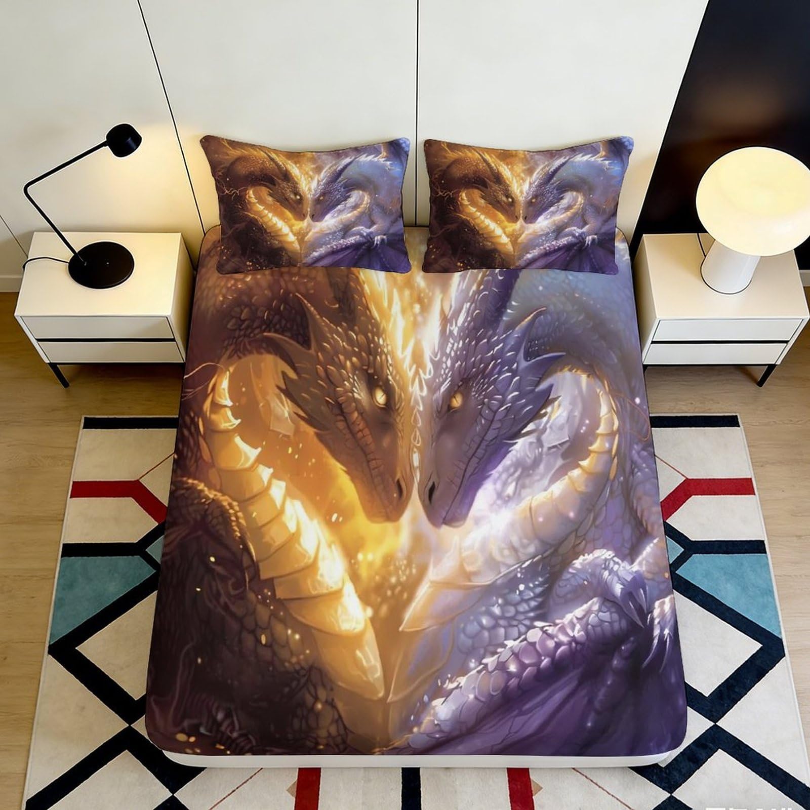 3D Printed Dragon Fire Fitted Sheet Microfiber Soft Breathable Shadow Dragon Mattress Cover for Bedroom Decor 90x200x25cm