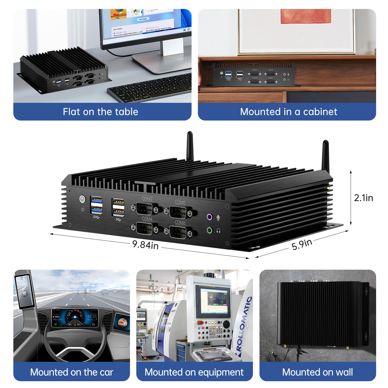Industrial Mini-PC, lüfterloser Desktop-Computer Core i7-8550U 1,8–4,0 GHz, Win-11 Pro, 8G DDR4-RAM, 256G SSD, VGA/HDMI 4K@60Hz, 2x2,5G-LAN-Anschlüsse, 6xCOM RS232, WiFi6/BT5.2