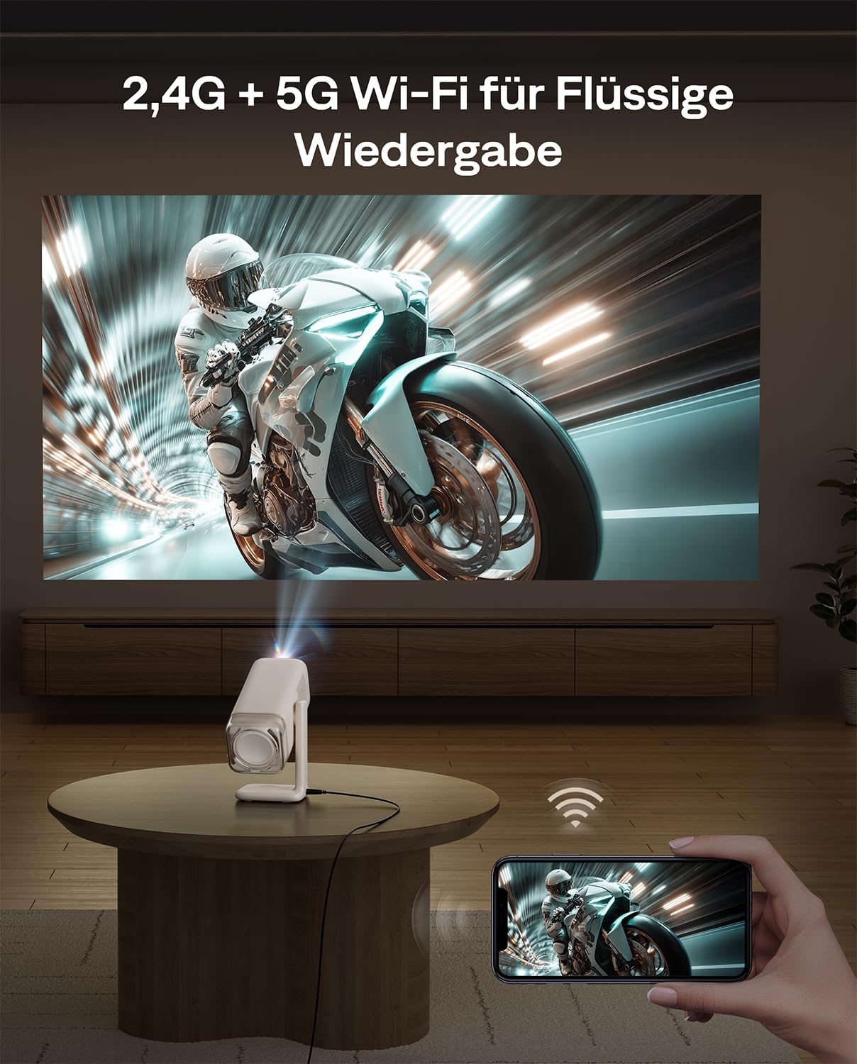 Aurzen Boom Air Mini Beamer mit Google TV & Netflix, 4K, USB-C, Dolby Audio, WiFi, Bluetooth, TOF Autofokus, Drehbarer Ständer, Cremeweiß