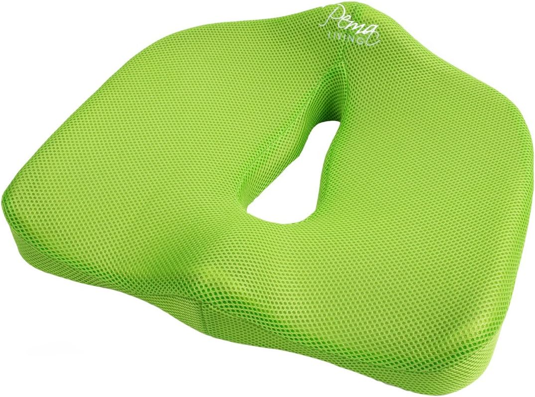 Coccyx Cushion -Bonus Carry Handle- Comfort Pillow Seat Pad - Relieve Lower Back & Tailbone - Memory Foam Support - Portable Ergonomic - Donut Chair for Car, Office, Travel (Green)