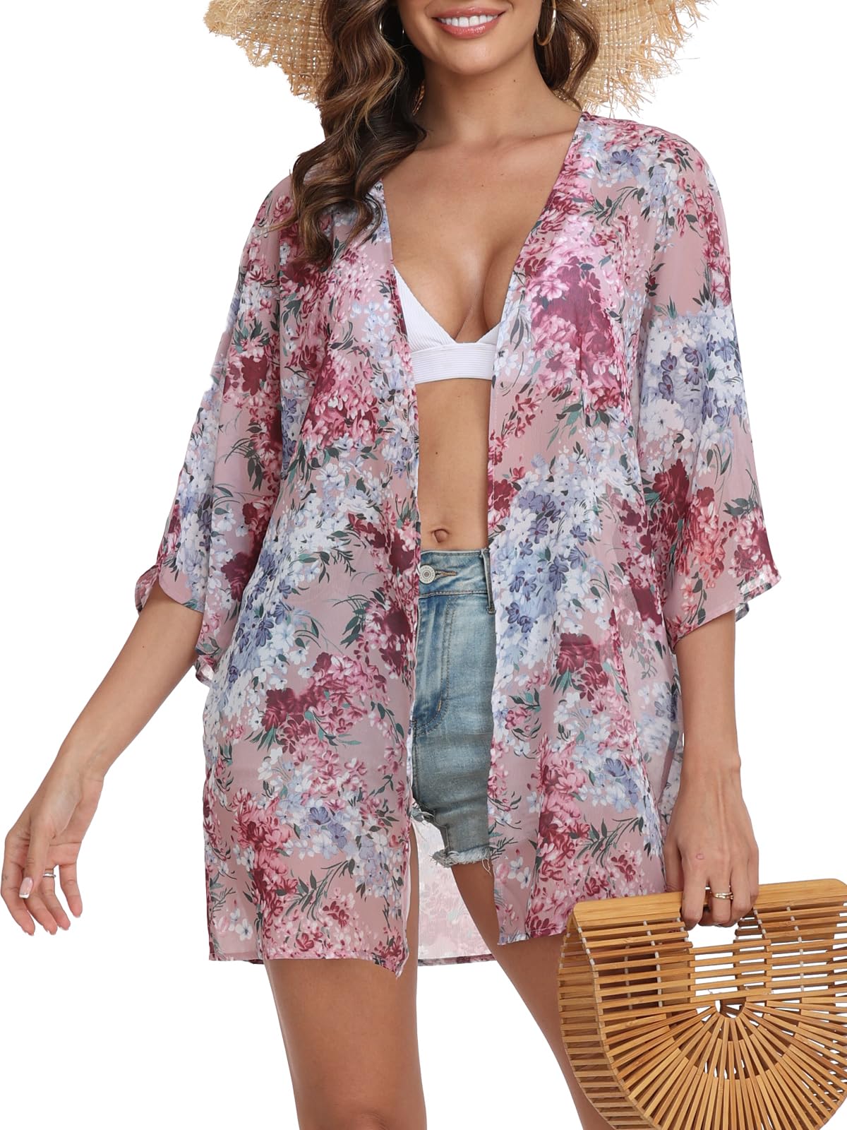 KirGiabo Women's Floral Print Kimonos Loose Tops Half Sleeve Shawl Chiffon Cardigan Casual Beach Cover Ups
