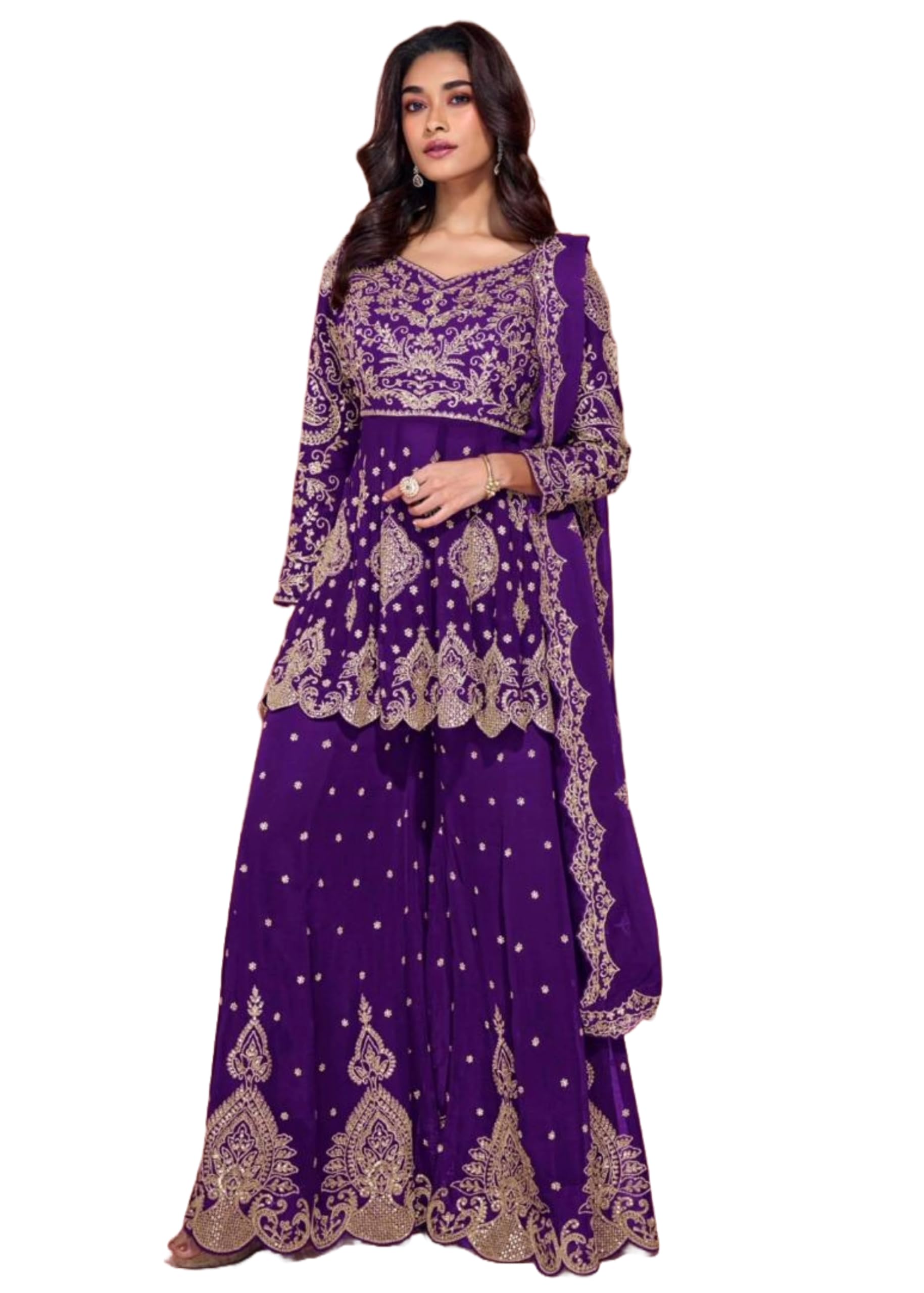 Combinaison de travail indienne Georgette véritable broderie lourde 11874