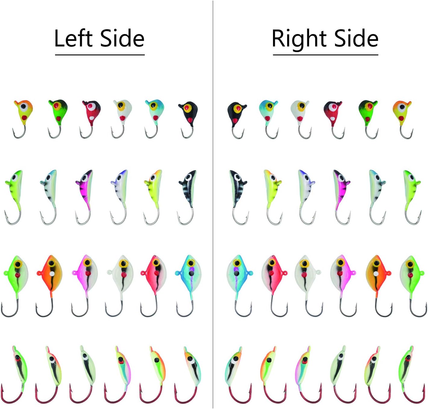 BASSDASH Ice Fishing Lure Kit Glowing Paint Jigs for Winter Ice Jigging Crappie Sunfish Perch Walleye Pike with Tackle Box