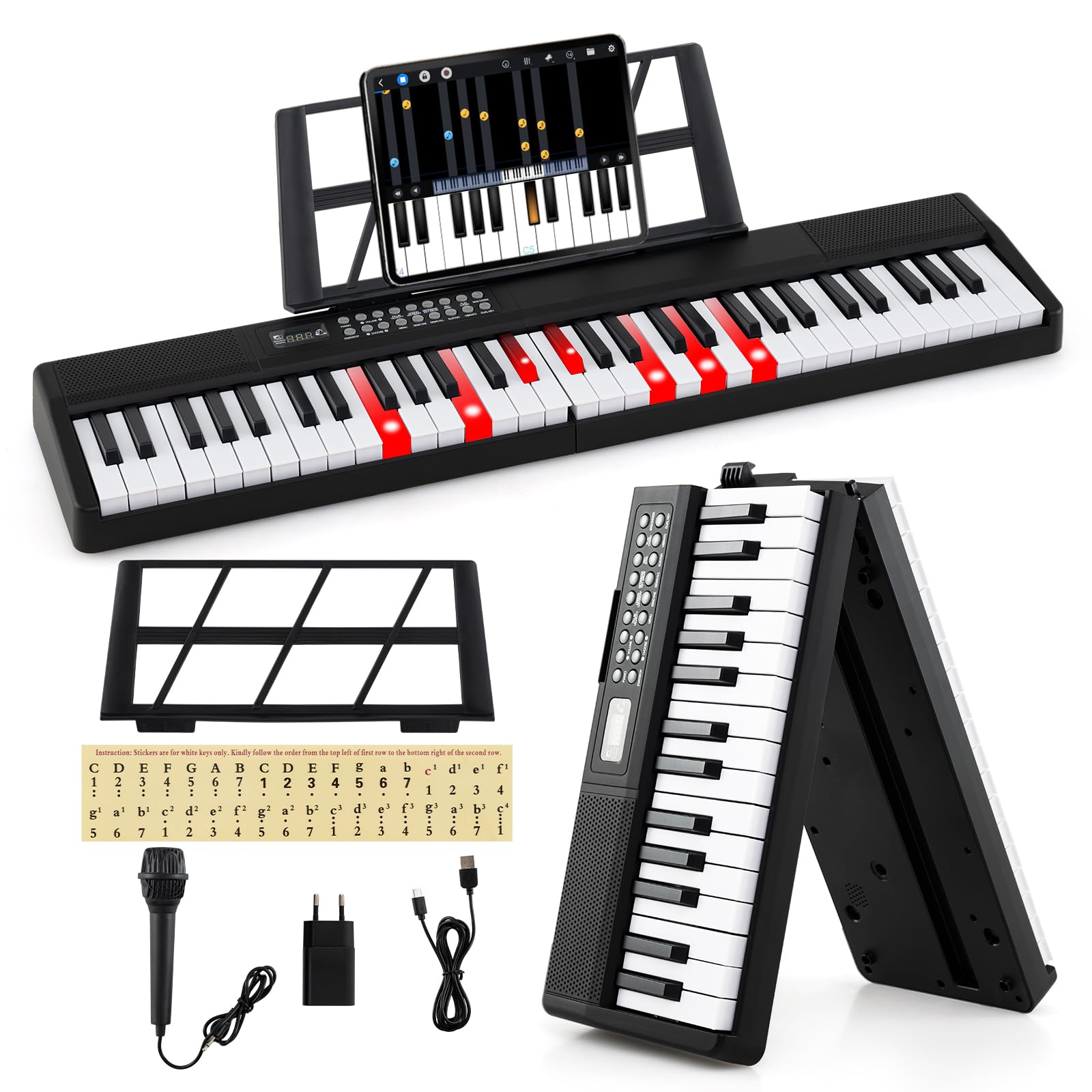 COSTWAY Tastiera Pianoforte a 61 Tasti, Pianoforte Elettronica Pieghevole, con Funzione Split, 3 Modalità di Insegnamento, Pianoforte Digitale Portatile con Doppi Altoparlanti, MP3/USB/MIDI, Nero