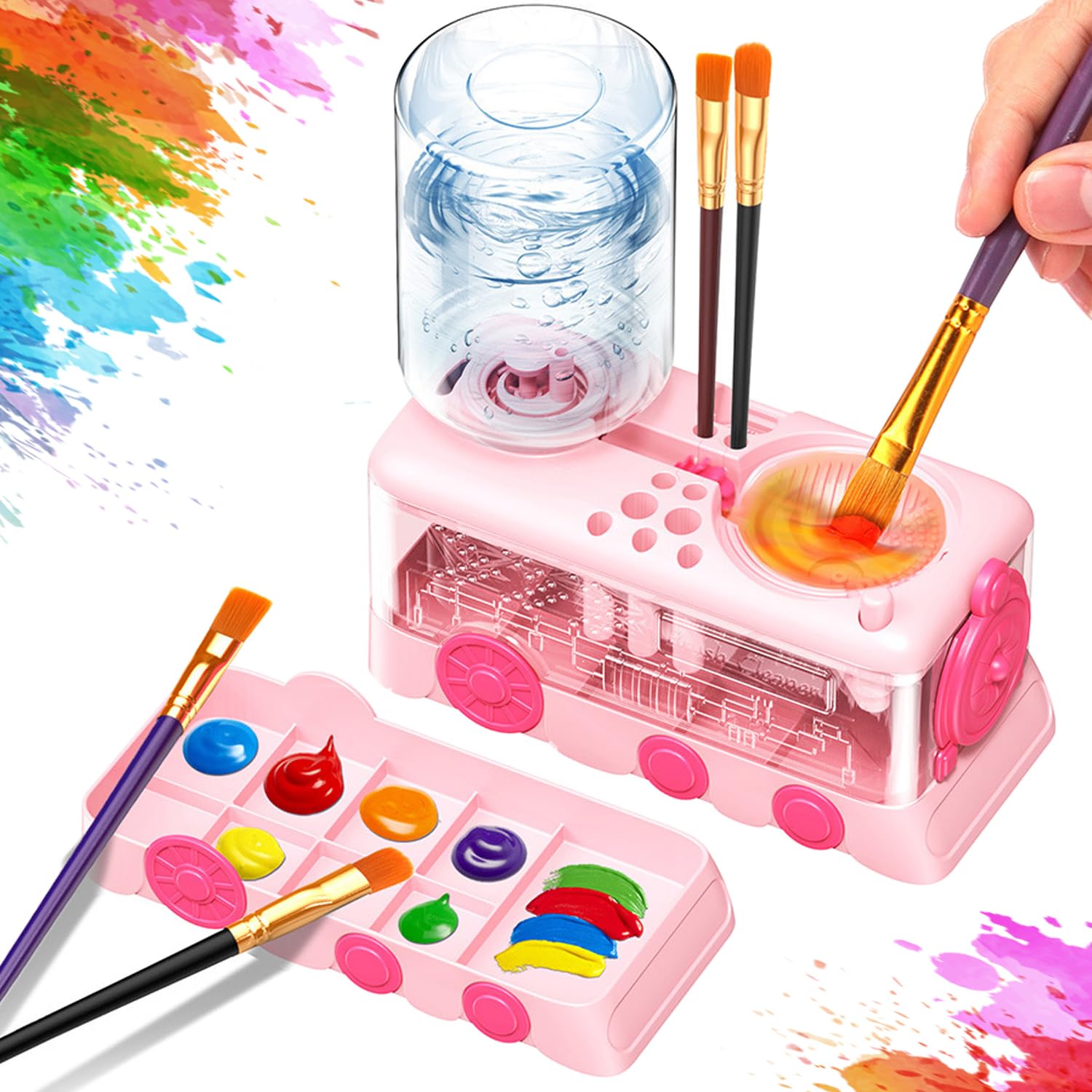 2025 Upgraded Paint Brush Cleaner with Paint Tray, Washing My Brush, Water Cycle Brushes, Water Cycle Watercolor Brushes Rinse, Train Style Painting Art Supplies for Artist Beginner Kid