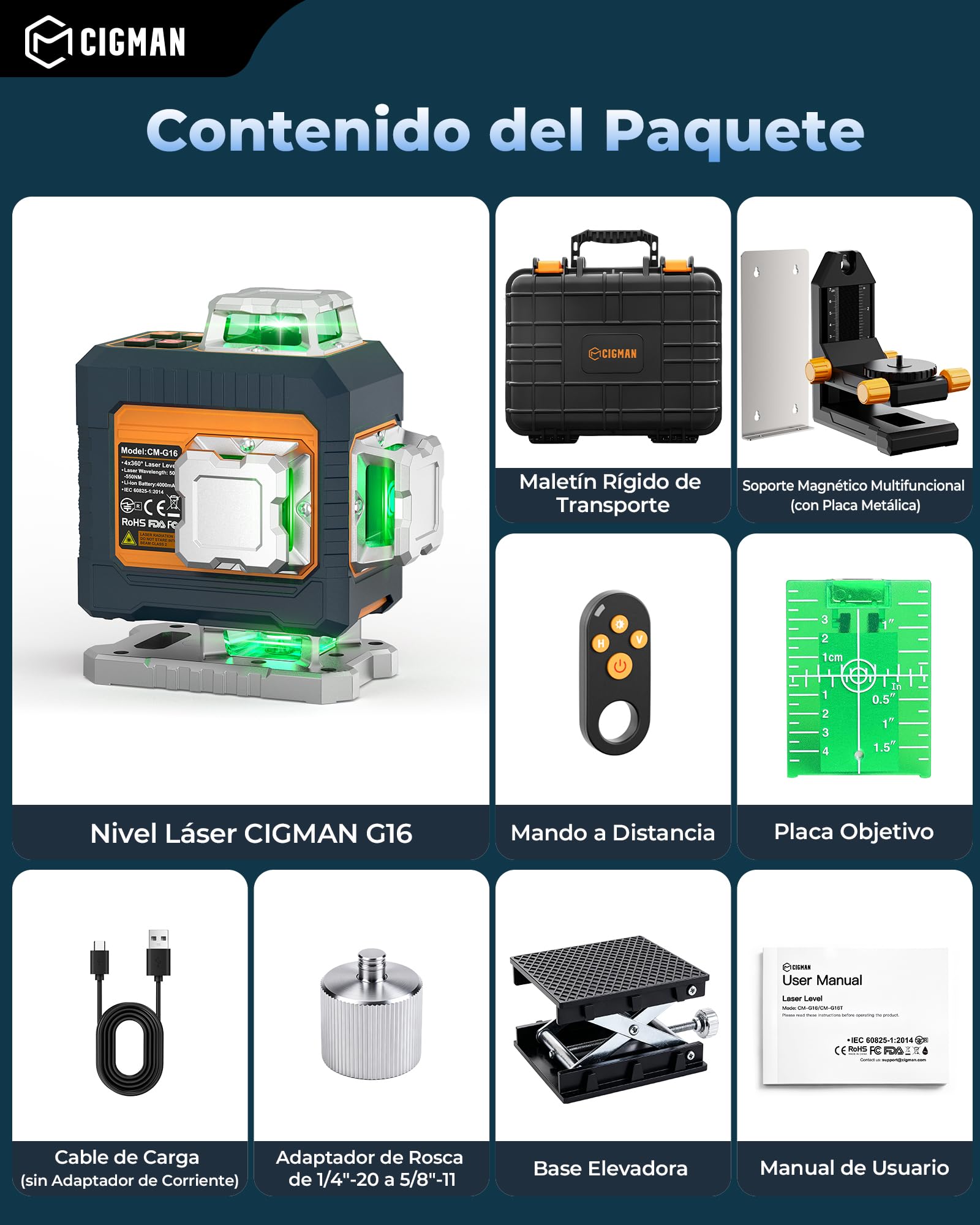 CIGMAN G16 Nivel Láser Verde 4x360 Autonivelante de 16 Líneas | Control por App, 4 niveles de brillo, modo pulso e ideal para alicatar, instalar armarios y techos.