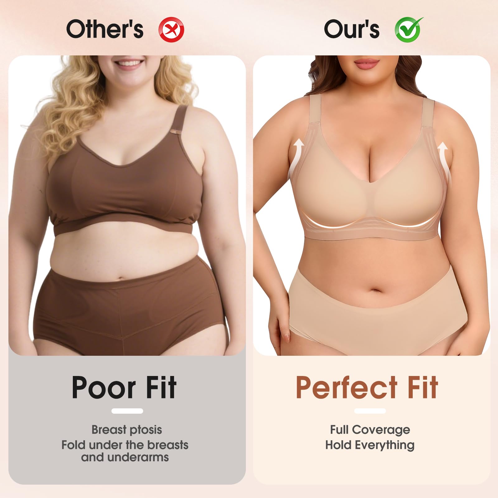 XJBTBA Biustonosze damskie Plus Size Biustonosz push-up bez fiszbin Pełne pokrycie Staniki podtrzymujące Wygodny bezprzewodowy biustonosz bez szwu Biustonosz damski na co dzień z wyjmowaną wyściółką