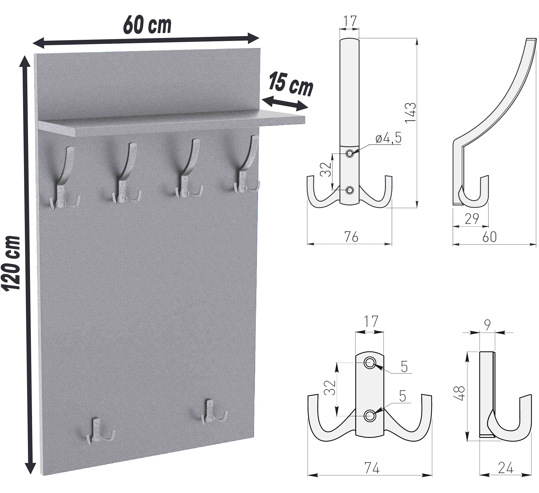 AKKE Maxi Appendiabiti Ingresso Moderno da Parete Muro Guardaroba 120cm x 60cm Sonoma/Chr.