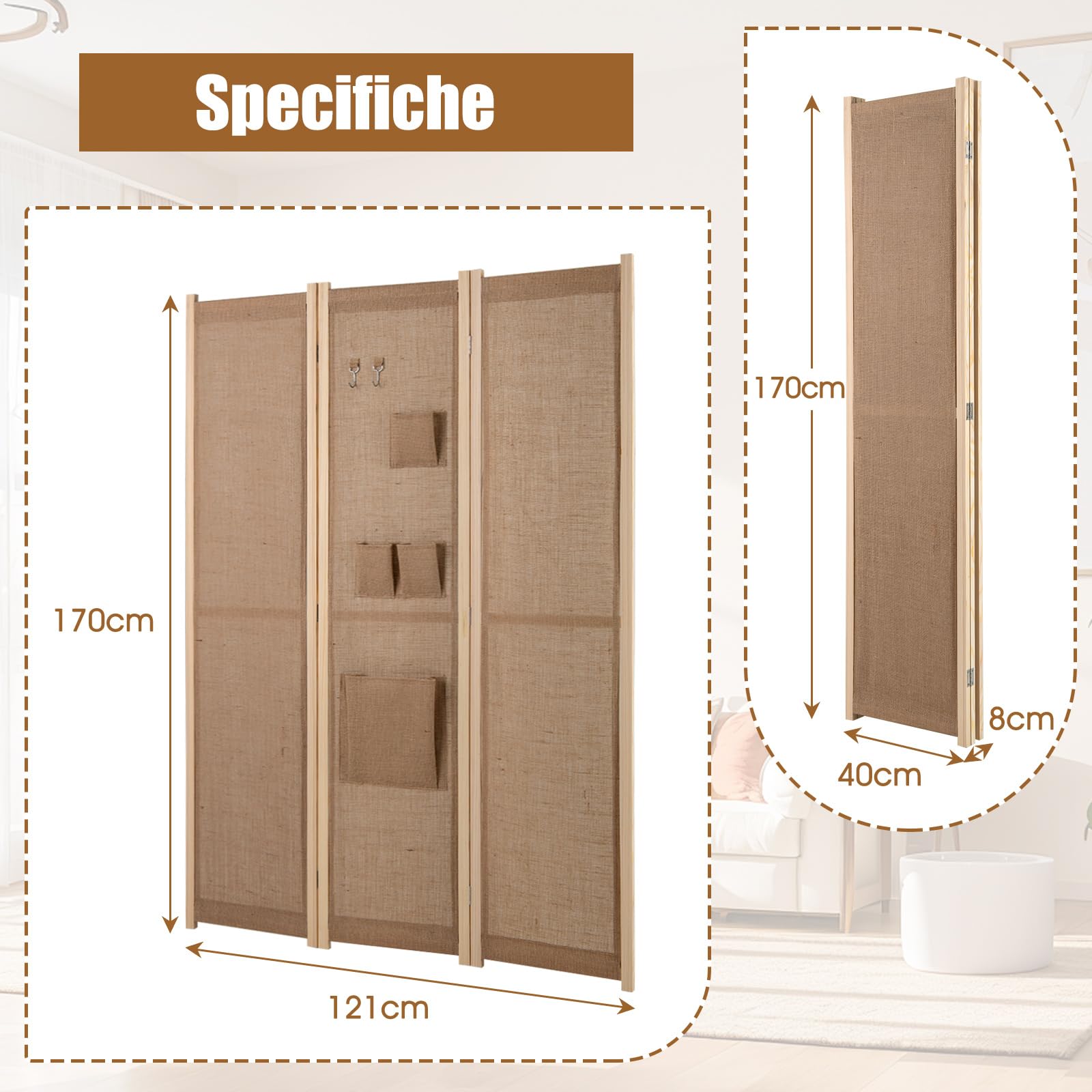 COSTWAY Paravento a 3 Pannelli, Separé Divisorio da Interno in Lino Finto con Tasche di Stoccaggio e Ganci, Pannelli Divisori Pieghevole per Camera da Letto, Ufficio e Soggiorno