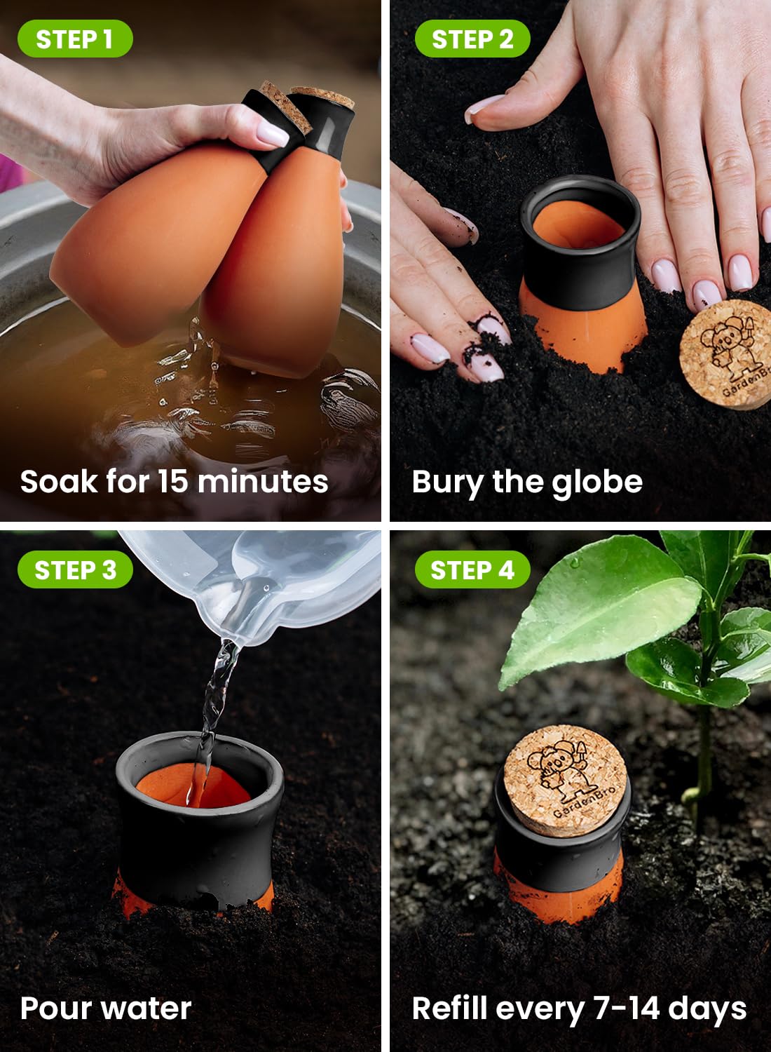 Ollas Lot de 4 grands pots d'arrosage en terre cuite pour plantes d'extérieur et d'intérieur 410 ml Noir