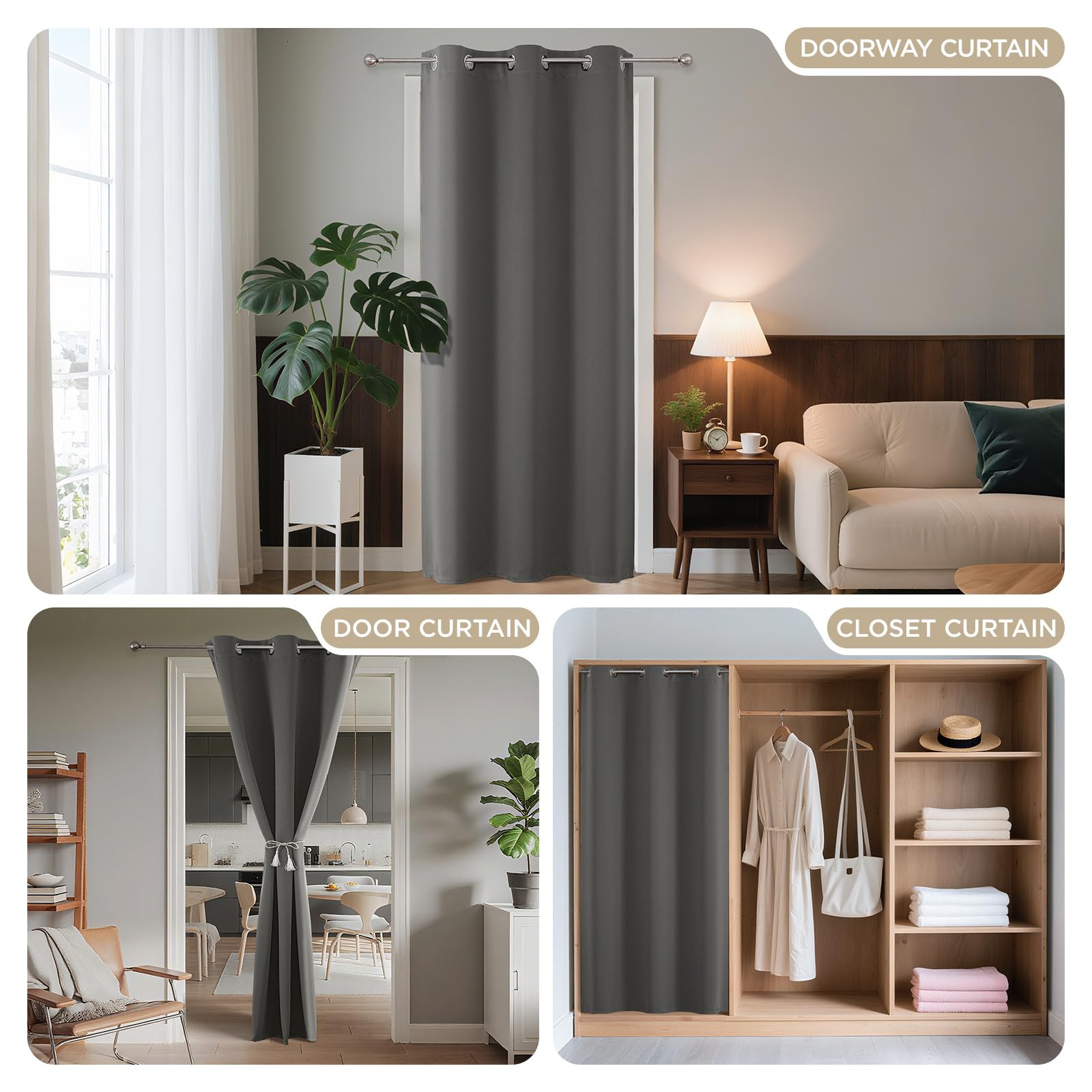 Joydeco Tenda per porte dell'armadio, lunghezza 198 cm, 1 pannello, tenda oscurante per armadio aperto, camera da letto, divisorio per la privacy (grigio chiaro, 101 x 188 cm)