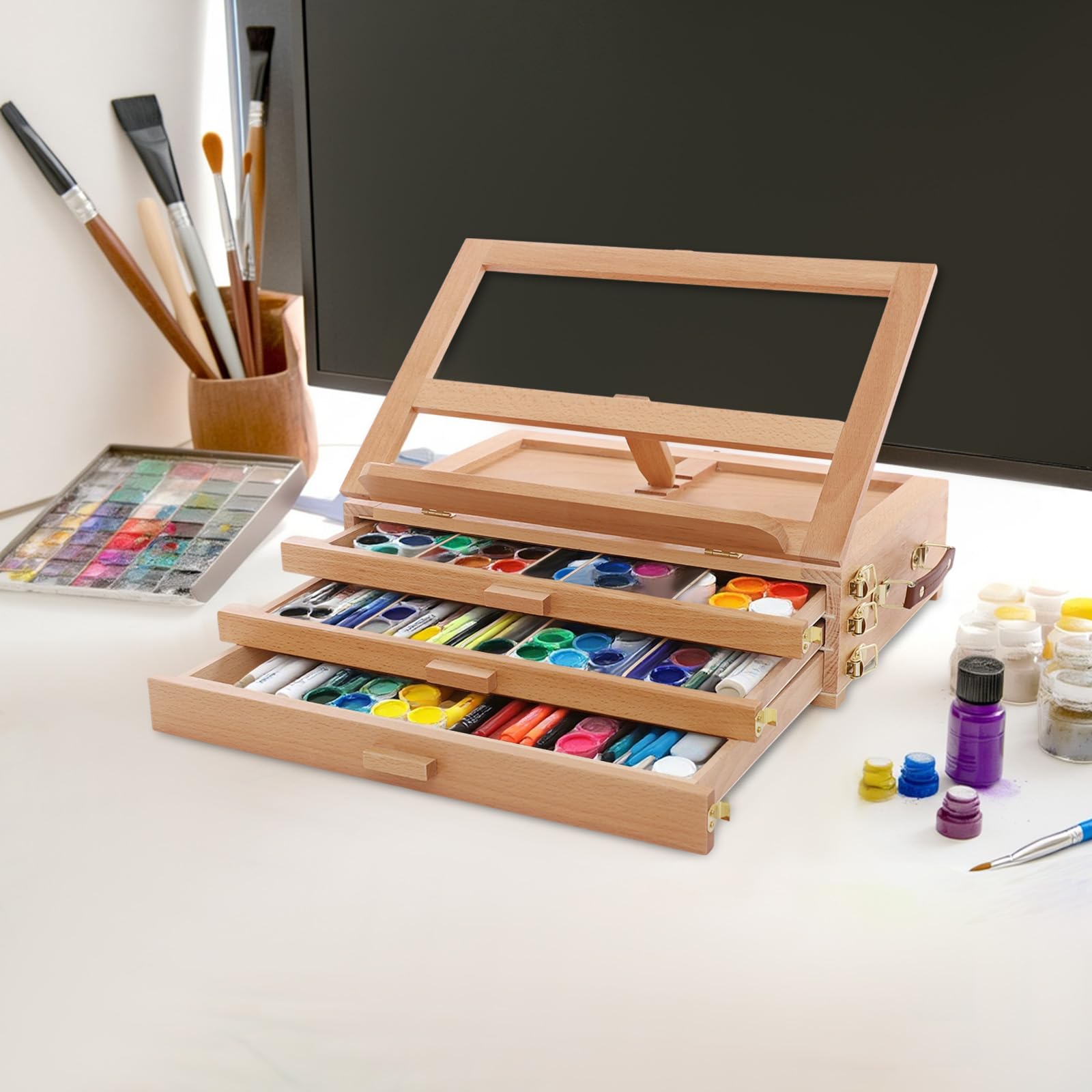 Caballete de mesa ajustable con 3 cajones, caballete portátil de madera de haya, soporte de pintura de alta calidad para artistas, estudiantes, principiantes