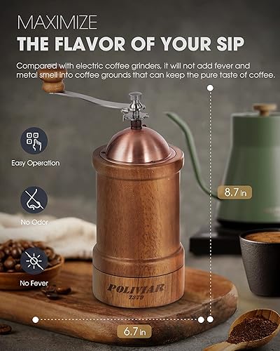 Miniatura 5 de POLIVIAR - Molinillo de café manual, molinillo de granos de café con rebabas de cerámica ajustables, molinillo de café de mano de madera