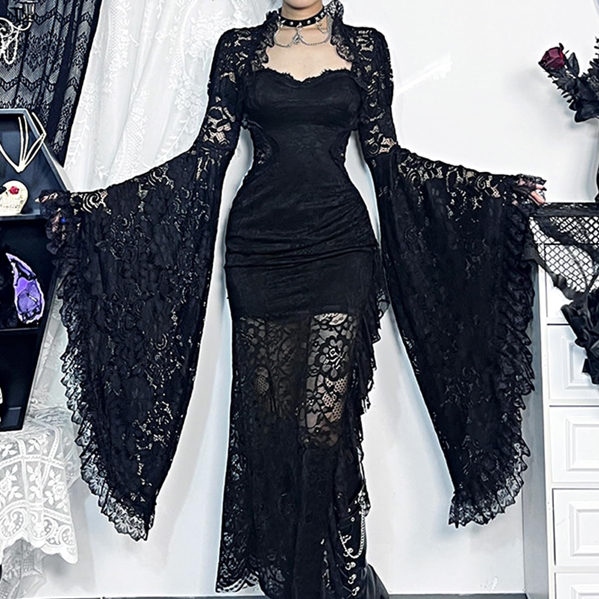L'VOW Women's Lace Bolero Shrug Goth Crop Top Victorian Lace Sleeves for Witch Vampire Cosplay