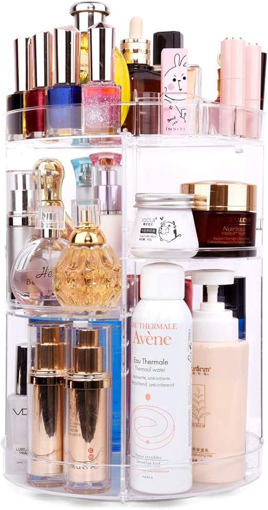 sanipoe Rotating Makeup Organizer,Spinning Skincare Organizer,Cosmetic Display Case with Brush Holder Perfume Tray,Multi-Function Storage Carousel for Vanity Bathroom Countertop,Clear