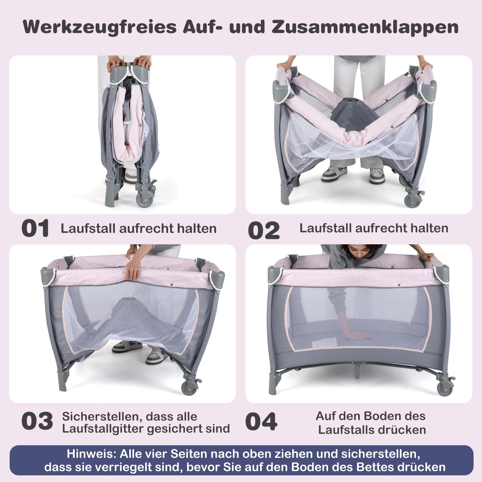 DREAMADE 5-in-1 Reisebett Baby, Beistellbett mit Matratze, Wickelauflage, Rollen & Tragetasche, Babybett mit Musikbox & Hängespielzeug, für Neugeborene und Kleinkinder (Pink)