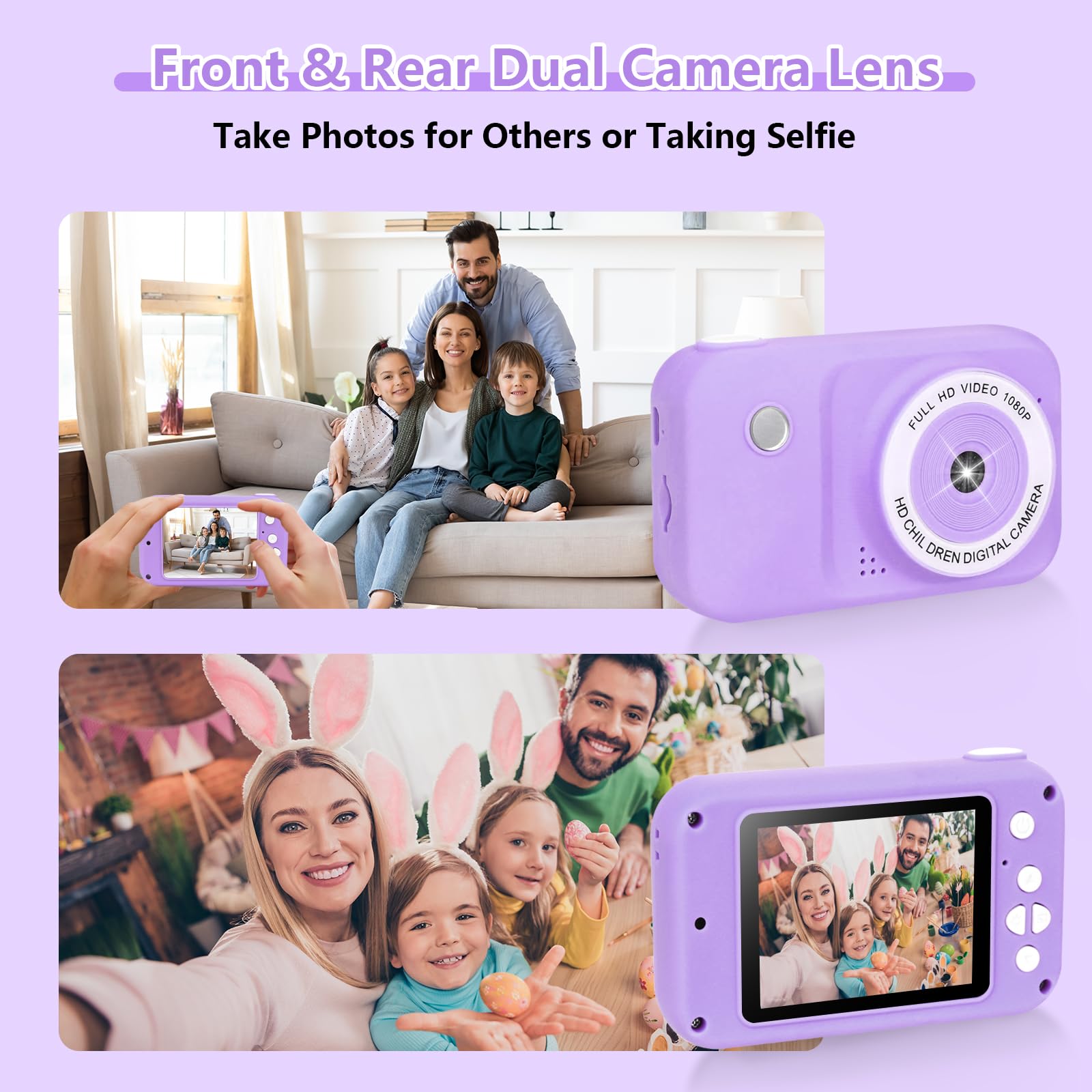Macchina Fotografica Bambini, 2,4" 1080P HD Ricaricabile Fotocamera Digitale Bambina Videocamera Regalo per Ragazze Ragazzi 3-10 Anni, con Scheda 32 GB, Regali Giocattolo di Natale &Compleanno (Viola)