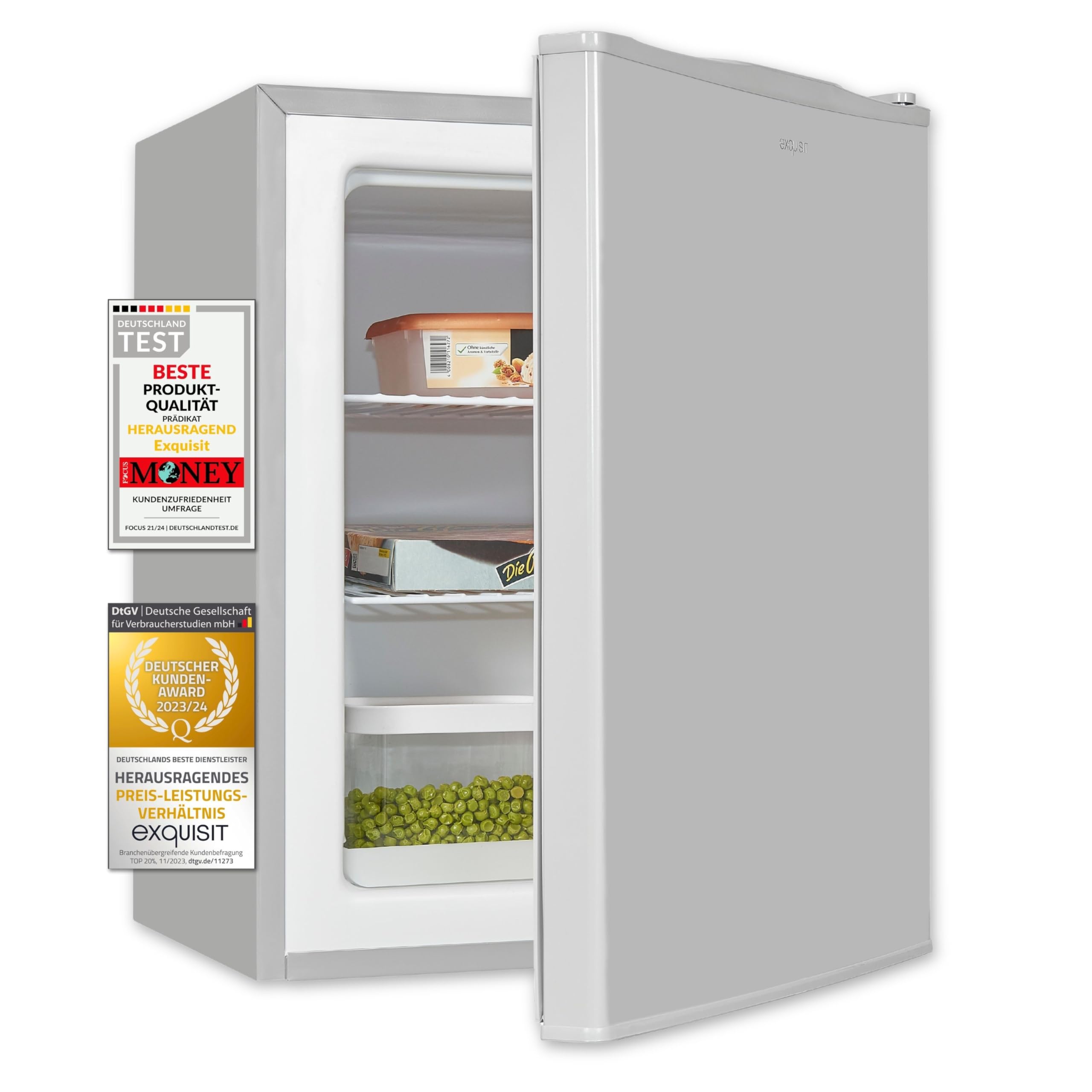 Exquisit GB60-150E Mini Gefrierschrank, 42 l Gefrierbox, Grau | Kompakter Mini-Gefrierschrank für Büro und Gästezimmer, wechselbarer Türanschlag, stufenlose Temperaturregelung, leise