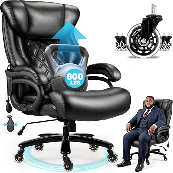 800lbs Executive Chairs, Executive Office Chairs for Big and Tall with Adjustable Lumbar Support, Office Chair for Heavy People, Leather Desk Chairs with Quiet Rubber Wheel and Extra Wide seat