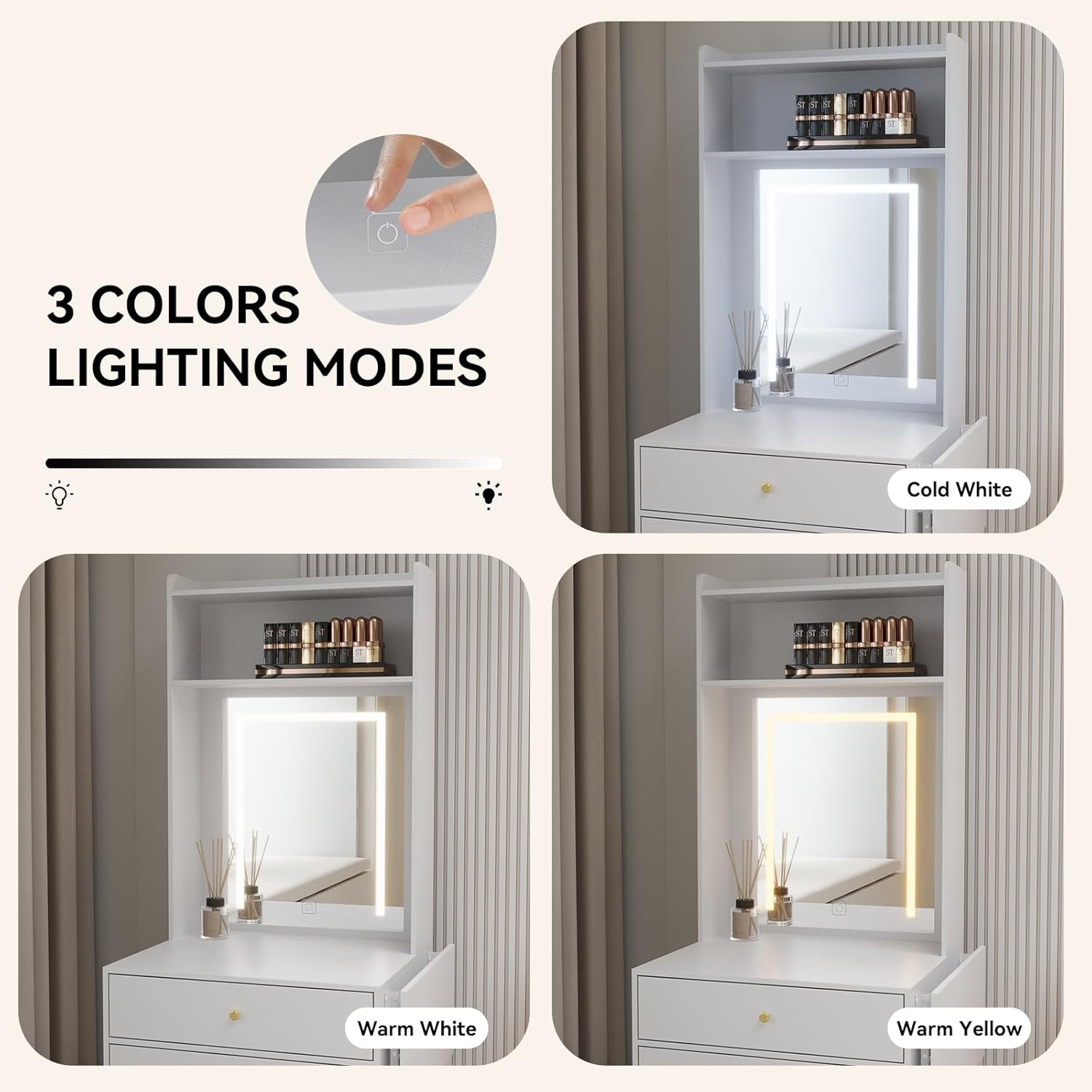 White Compact Vanity Desk Set with Adjustable Mirror and Storage Bench