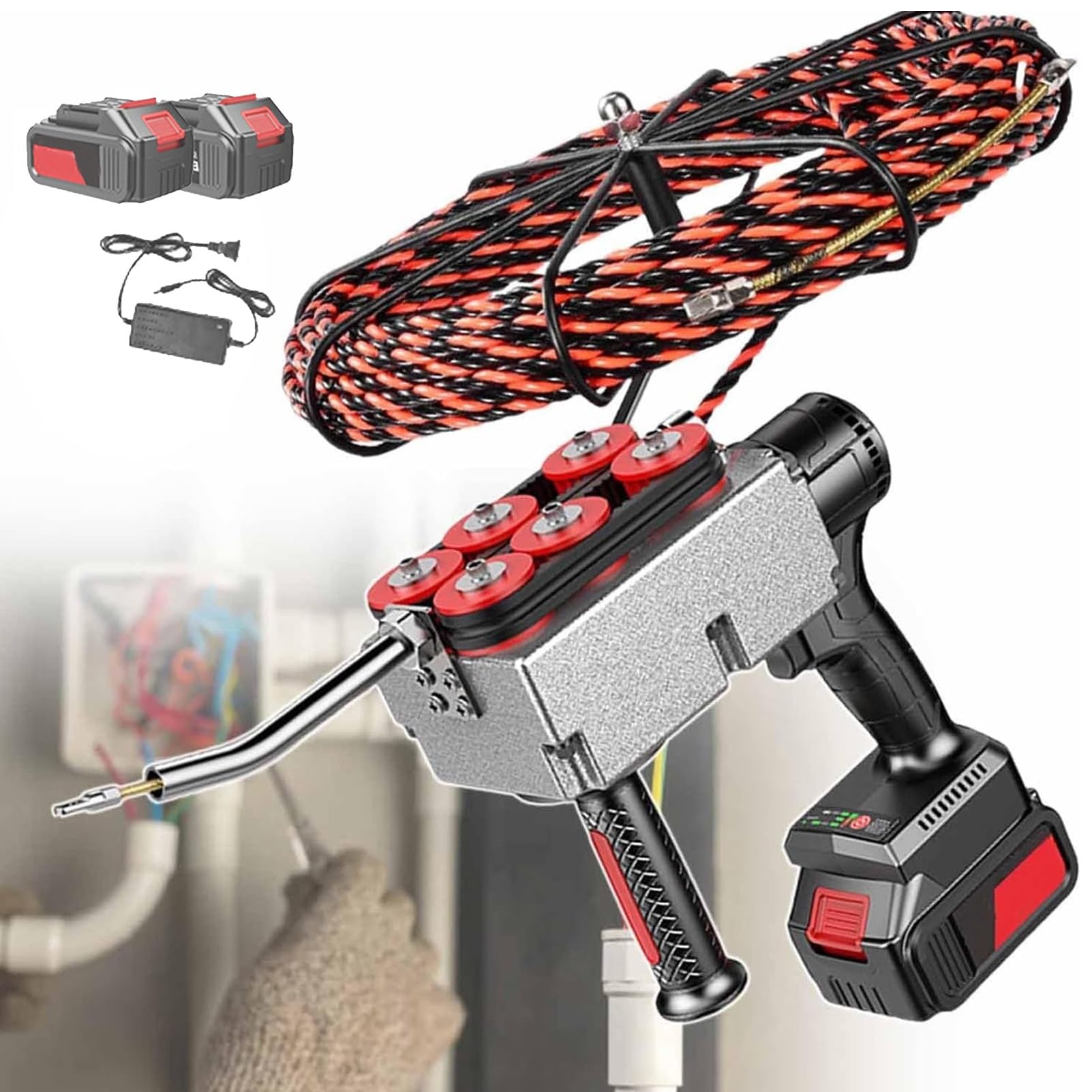 Pnpaea Automatic Cable Threading Tool,Cable Pulling Wall Wiring Machine,Hydroelectric Electrical Drill Wire Puller,for Frontline Construction Technicians 15MeterLeadWire-2batteris(10cells)
