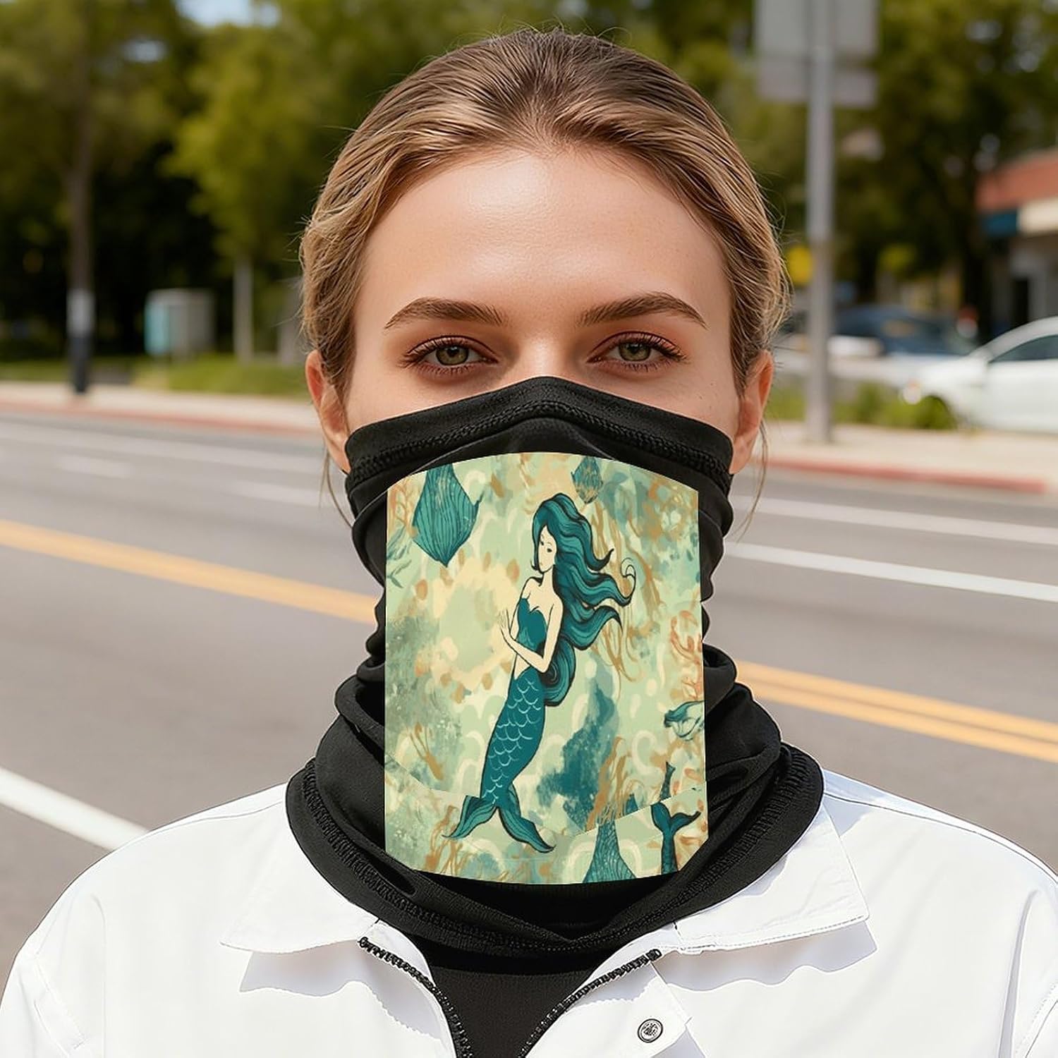 Retro Mermaid Face Mask for Men Women,Neck Gaiter Sunscreen Breathable,Face Cover for Skiing Fishing Hiking Cycling