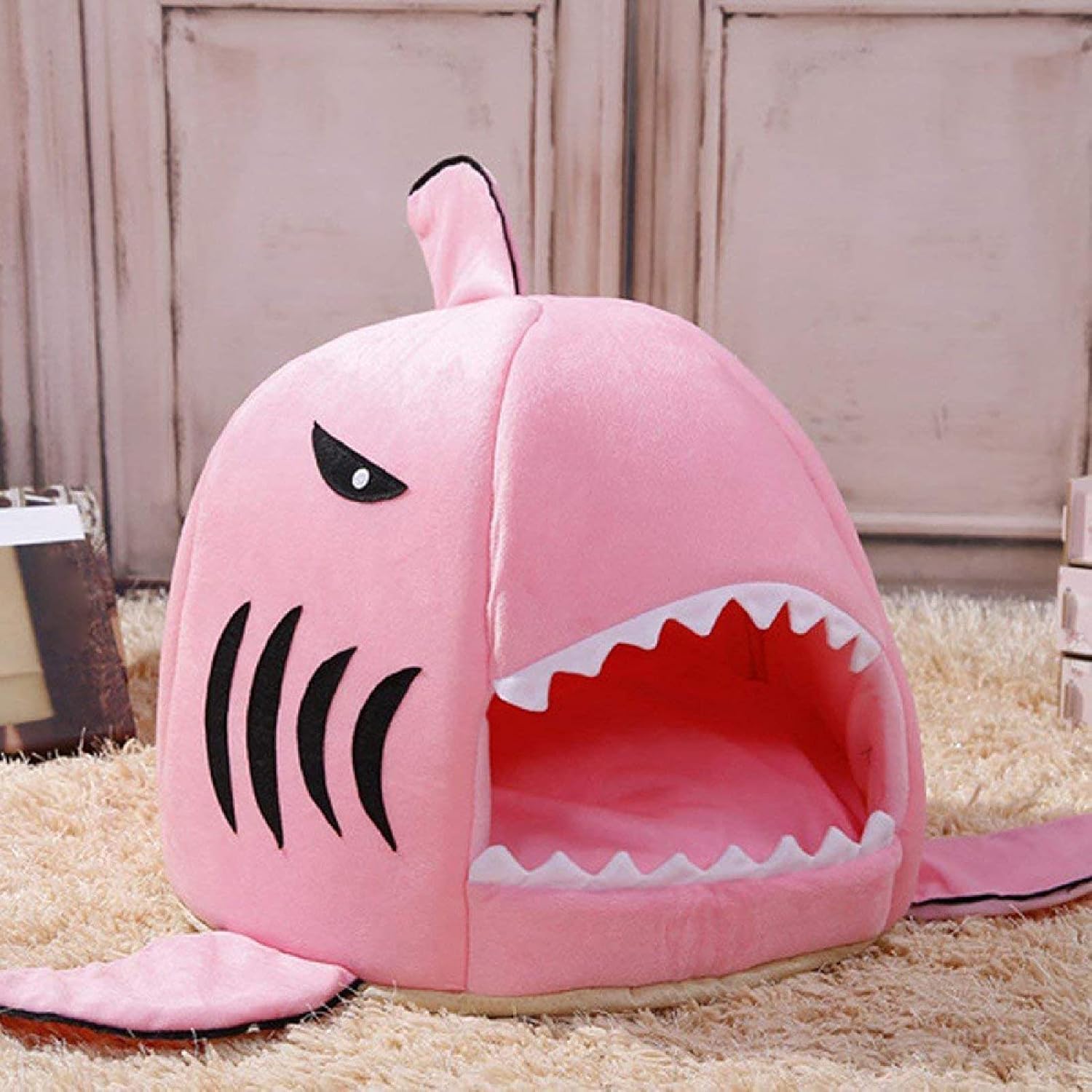 review Dog House Cat Bed Shark Shape Cave House Tent Comfortable Waterproof Soft Nest Cave Design Kennel Shark Shape Cat Dog Pet Soft Nest for Indoor Cats and Dogs Daily Life - Blue XXS