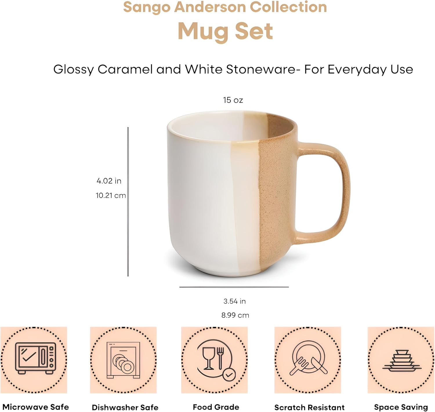 SANGO Phoebe Caramel/White Coffee Mugs Set of 4, 15 oz Stoneware Coffee Mug Set, Big Glossy Ceramic Tea Cup for Cappuccino, Latte, Cocoa, Large Coffee Cups with Handle, Microwave & Dishwasher Safe