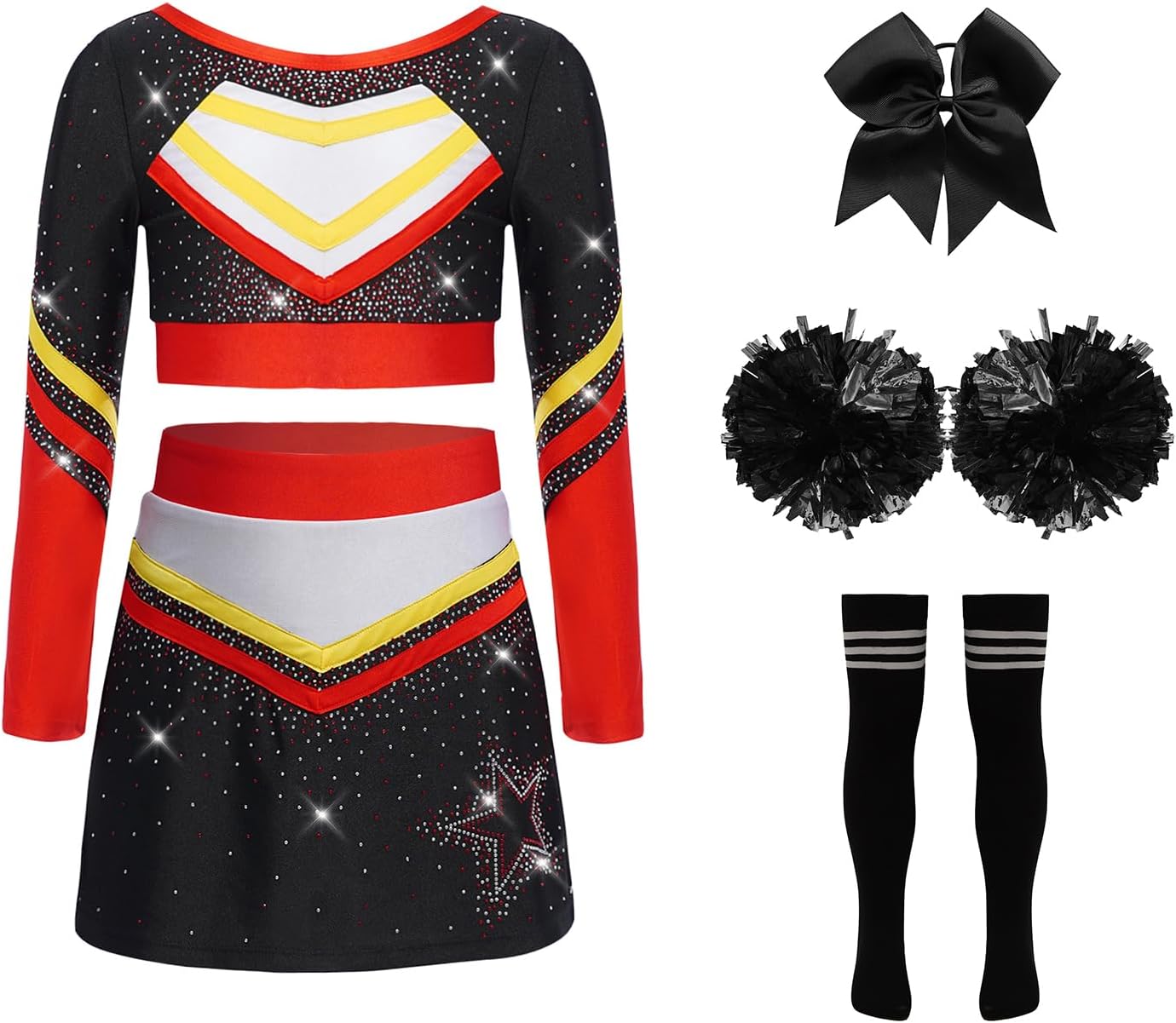 Girls Cheerleading Outfit Halloween Cosplay Competition Top with Skirt Headband Socks Pom-pom Red Black 14 Years