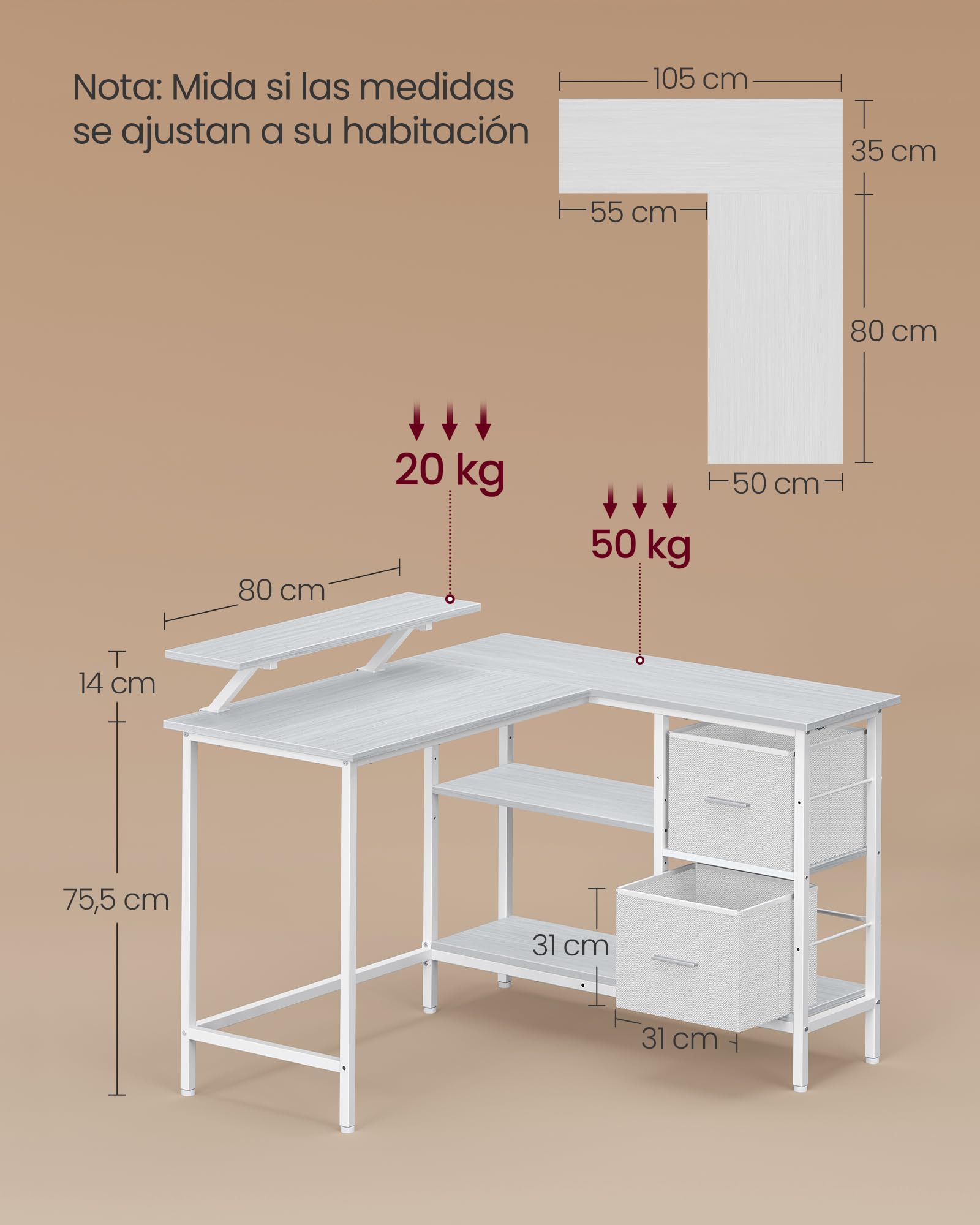 VASAGLE Escritorio en Forma de L, Esquinero, con 2 Amplios Cajones, Mesa con Soporte para Monitor, para Esquina, con Estante Ajustable, para Oficina Casa, Blanco Arce LWD097W01