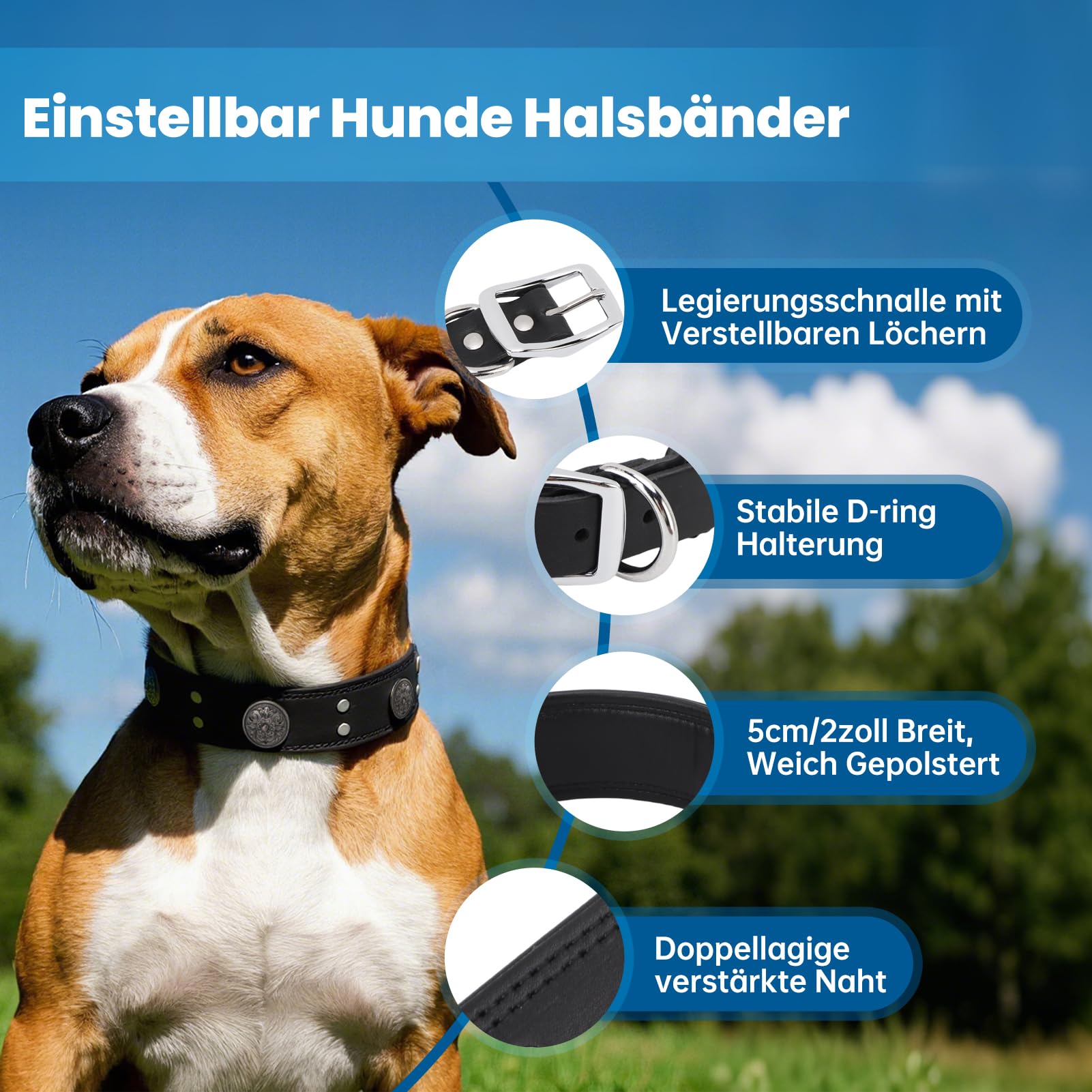 Lederhalsband Hund, 5cm Hundehalsband Leder Breit Robustes Echtes, Handgefertigt, Einstellbar Hunde Halsbänder Mit Metallschnalle, Halsband Hund Breit Für Große Und Mittelgroße Hunderassen L