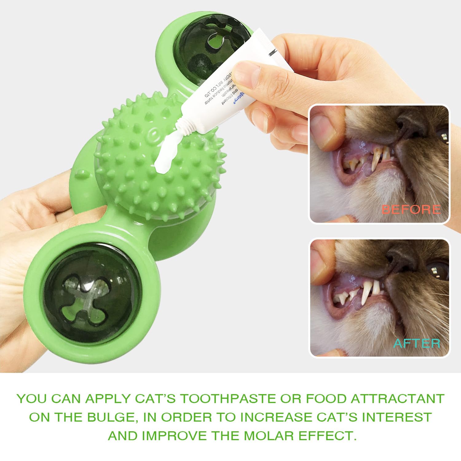 Giocattolo interattivo per gatti, girevole, multifunzione, per interni, massaggi, con erba gatta, palla e ventosa, design sicuro e durevole (verde)