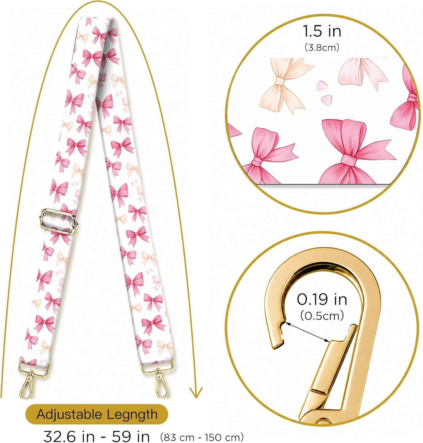 Purse Strap Replacement Belt Crossbody, 1.5" Wide Golden Buckle Cute Shoulder Strap Durable, Adjustable Guitar Straps for Canvas Bag Handbag Colorful Funny Bowties image 3